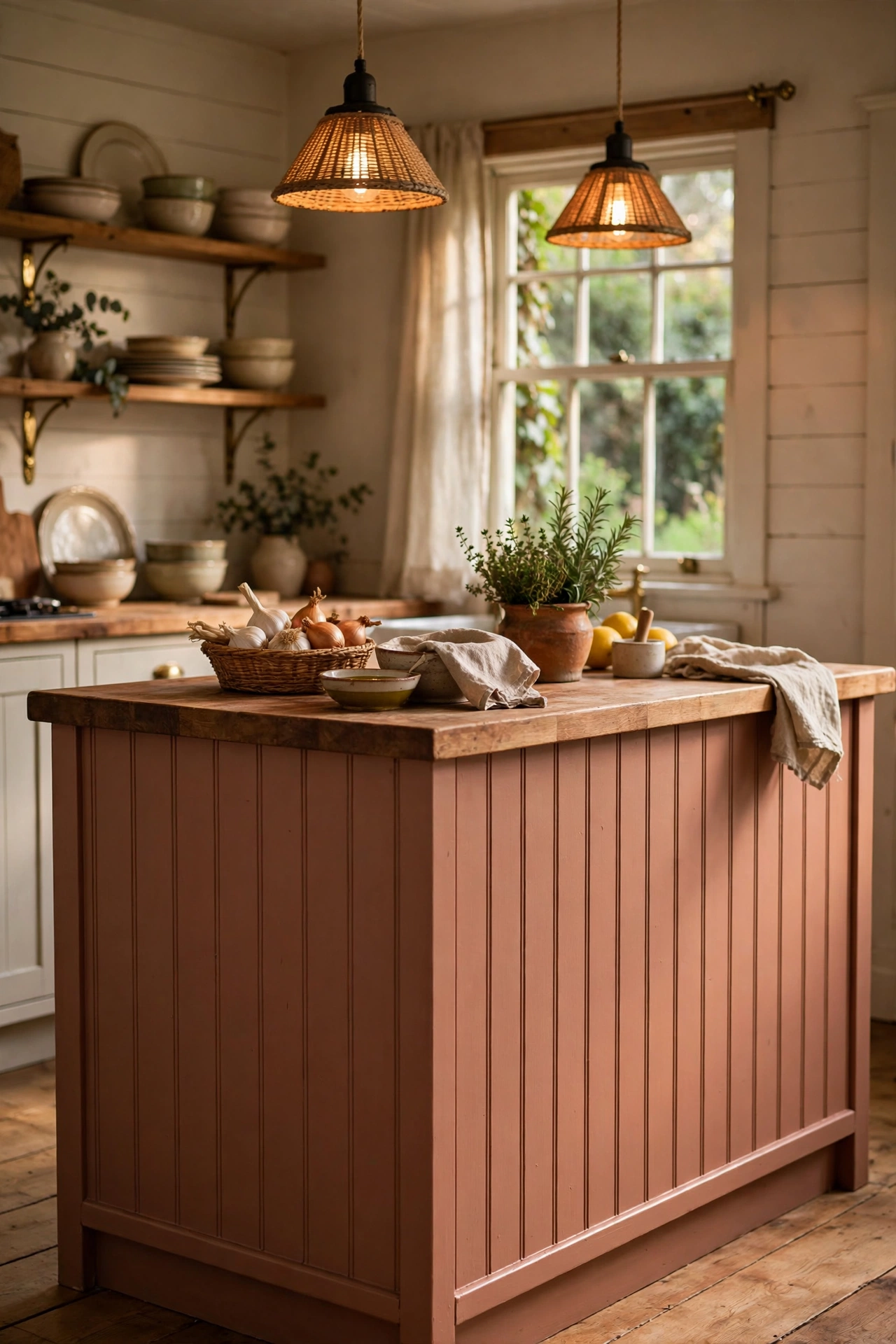 Beadboard panelling painted muted terracotta on a kitchen island