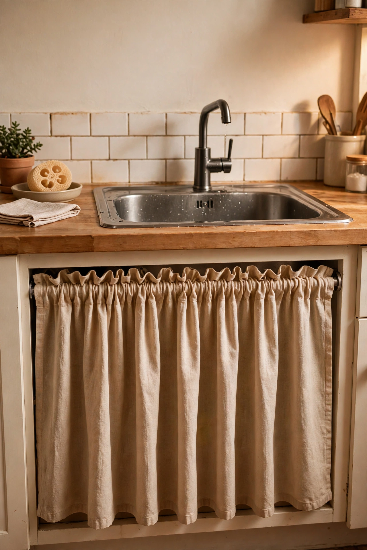 Tension rod with cotton curtain hiding under-sink storage in a flat