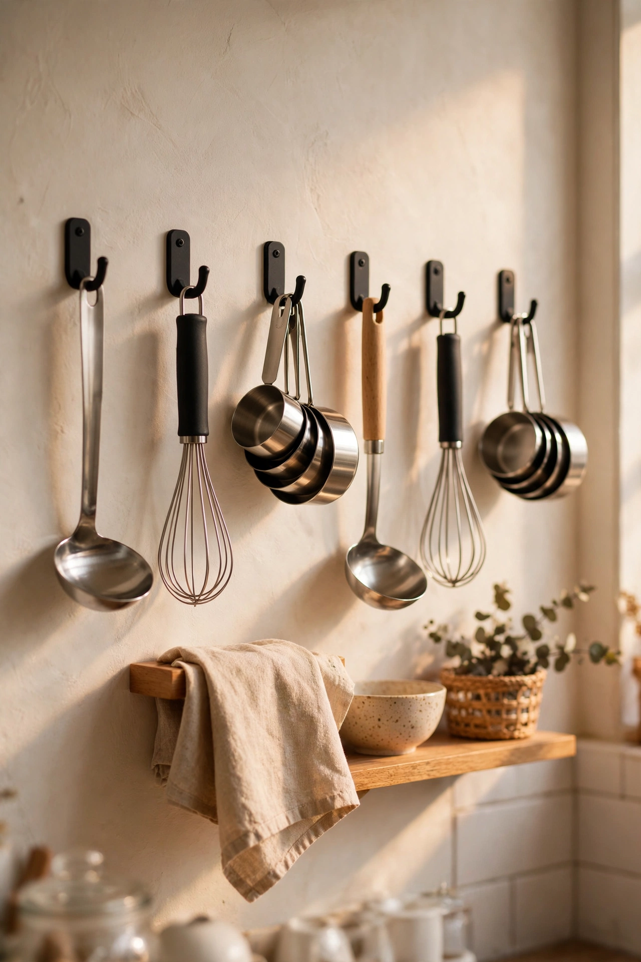 Adhesive hooks on a kitchen wall holding cooking utensils