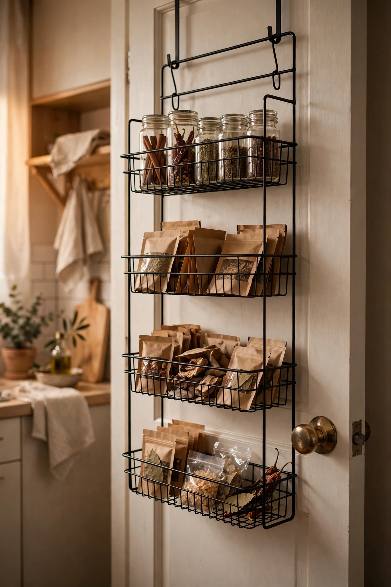 Over-the-door wire rack organiser with spice baskets in a kitchen