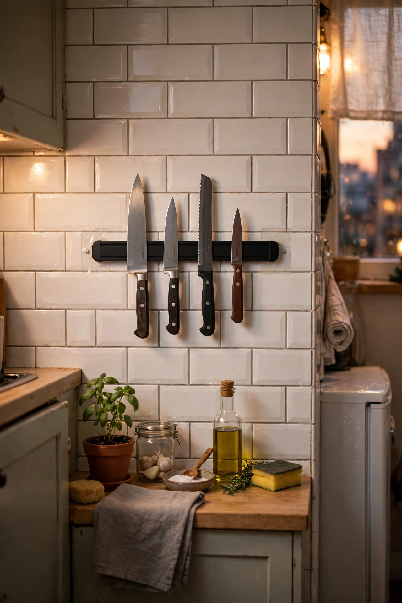 Magnetic knife strip mounted without drilling in a rented kitchen
