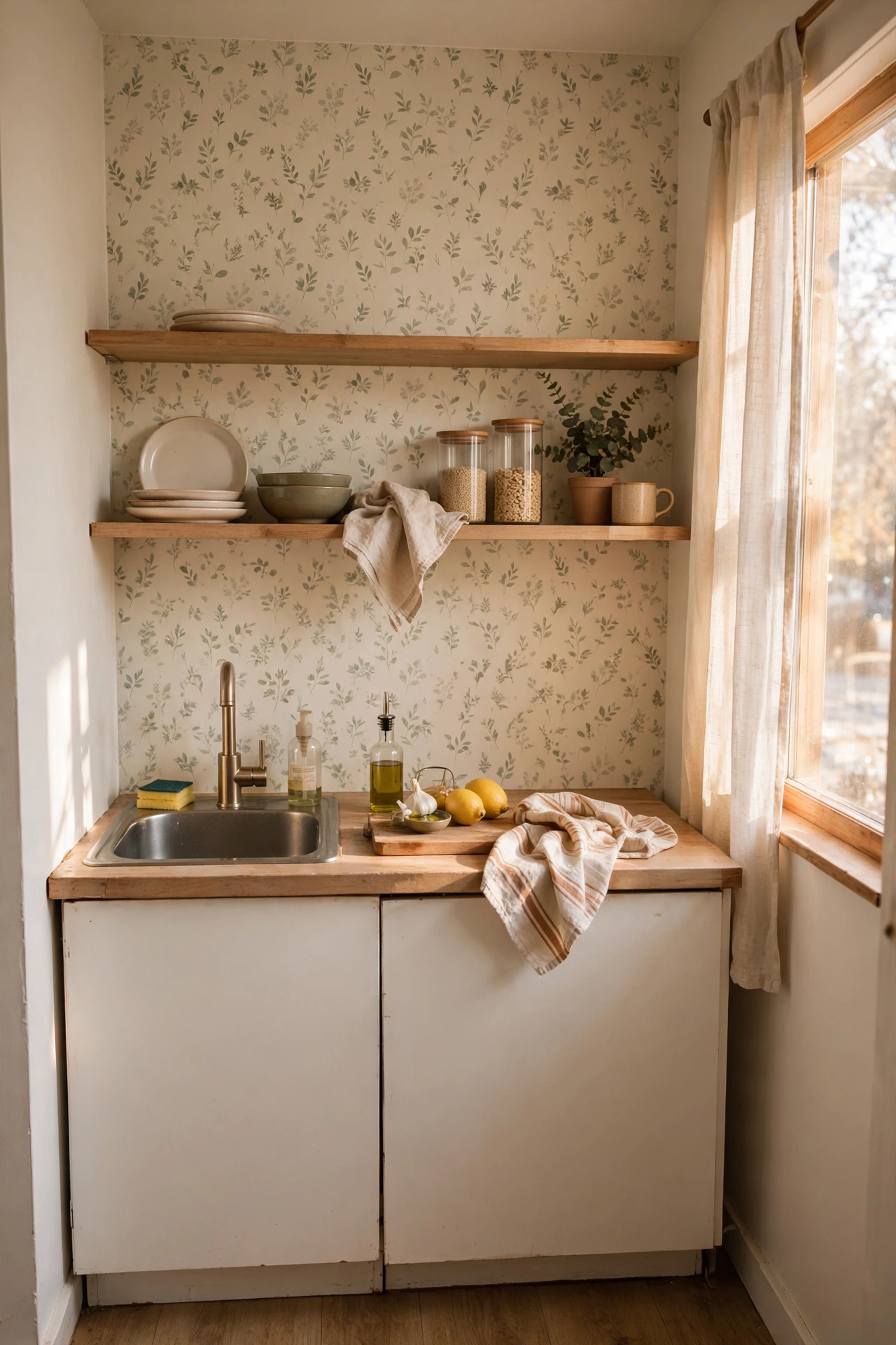 Peel-and-stick wallpaper accent wall in a small rented kitchen