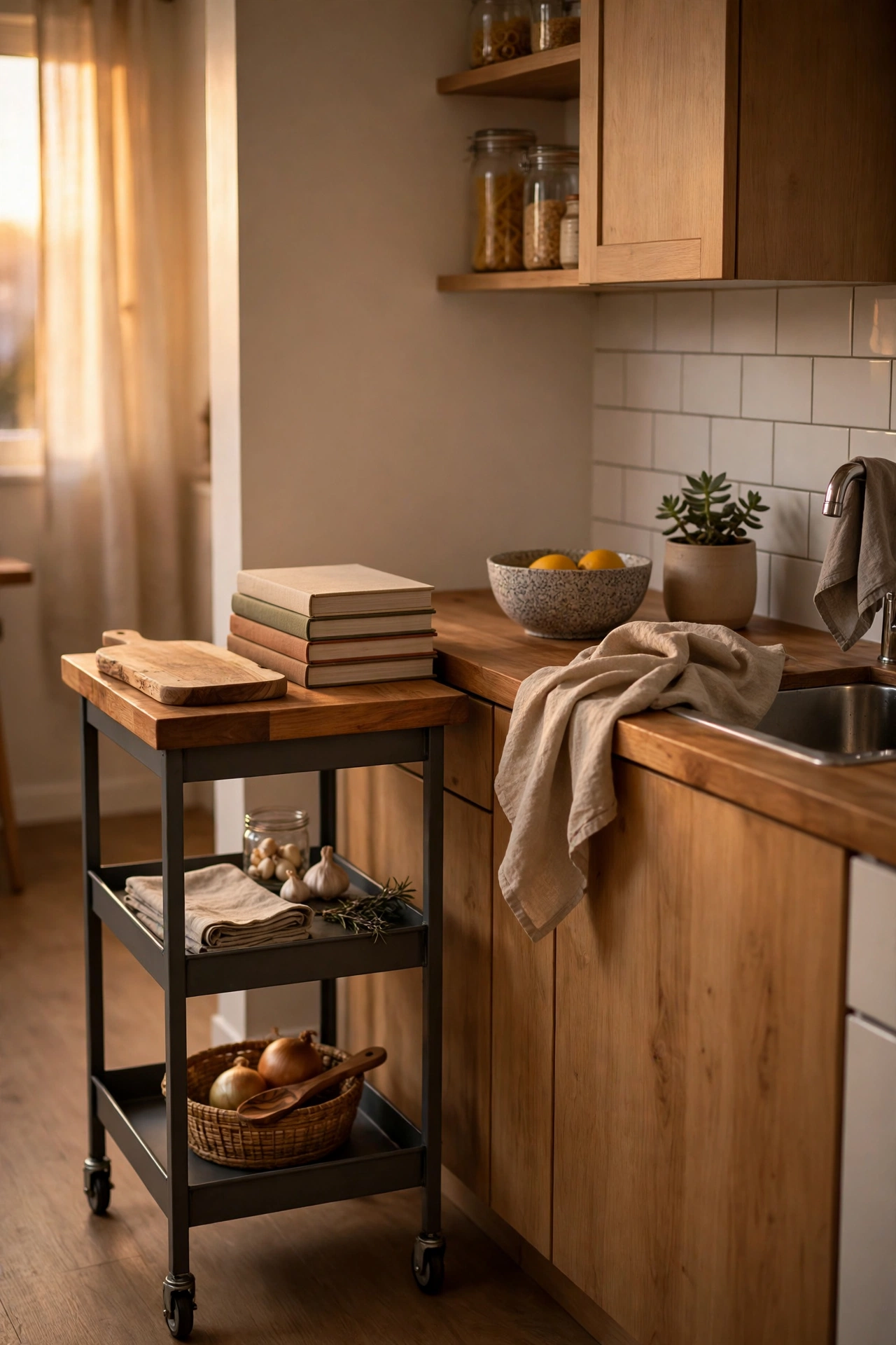 Slim rolling kitchen cart used as extra counter in a small flat