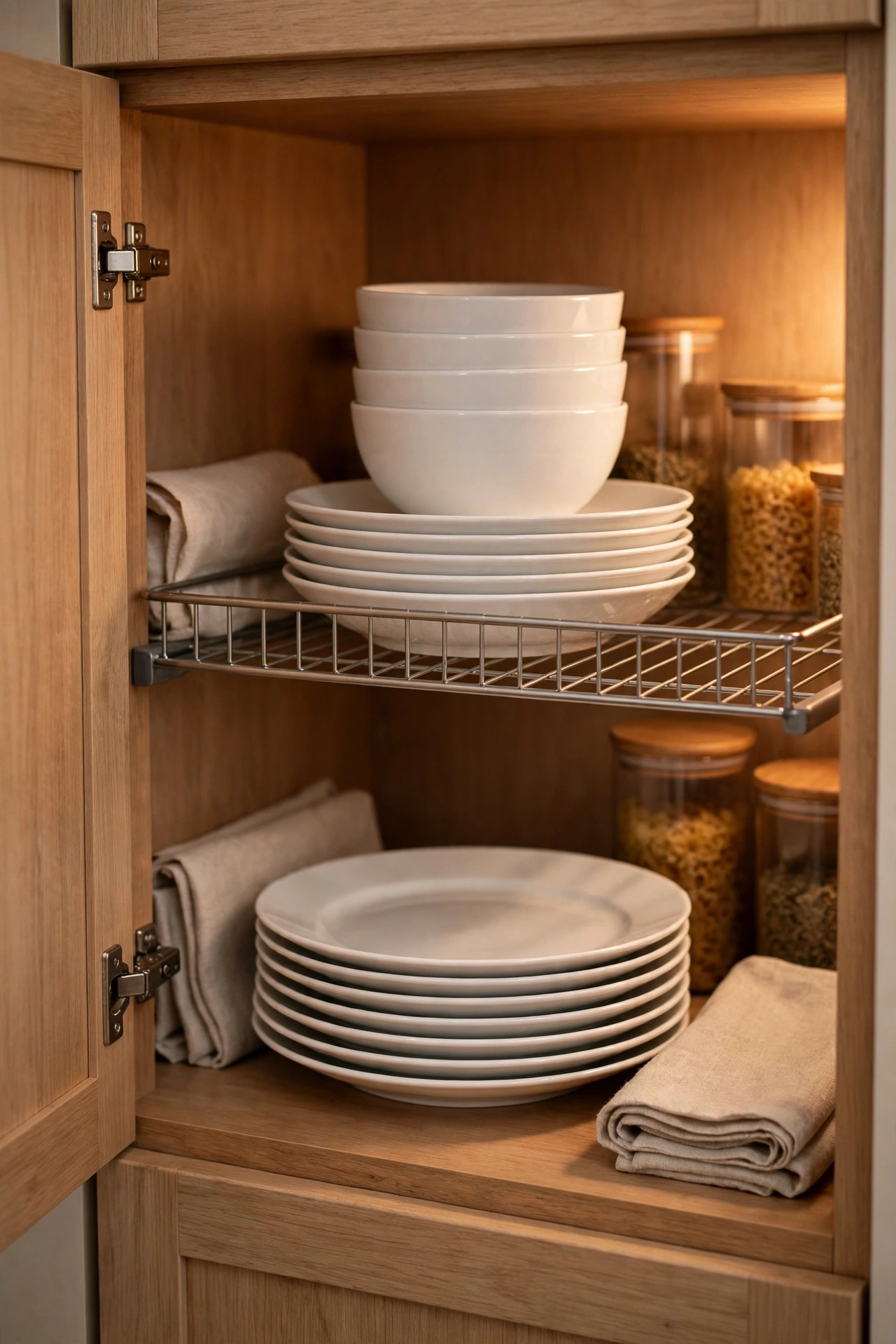 Wire shelf risers doubling storage inside a kitchen cabinet