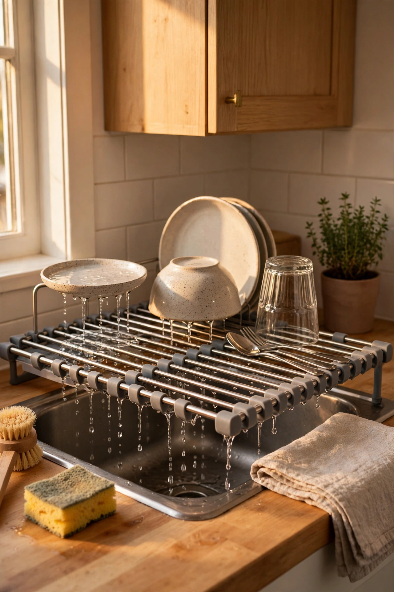 Roll-up dish drying rack over a small kitchen sink