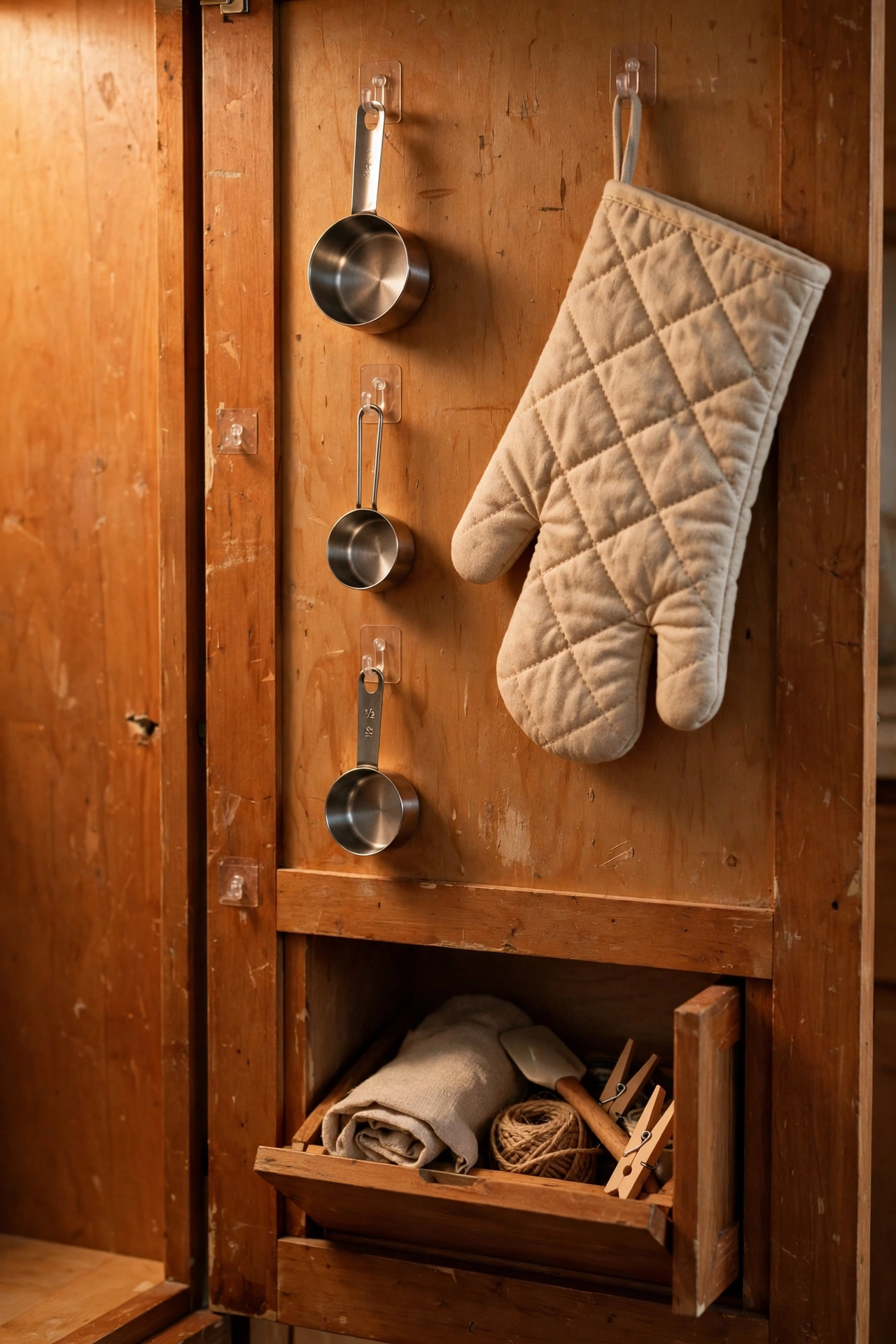 Adhesive hooks inside a cabinet door holding measuring cups