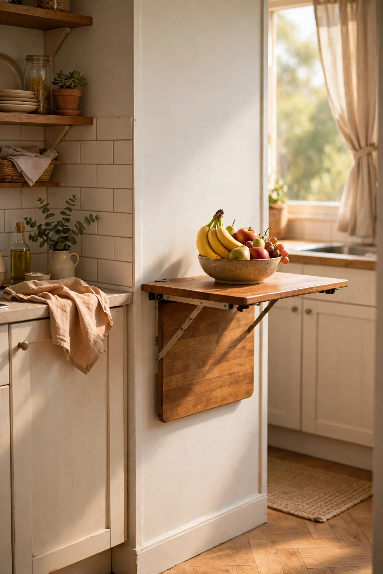 Folding drop-leaf table against the wall in a small kitchen