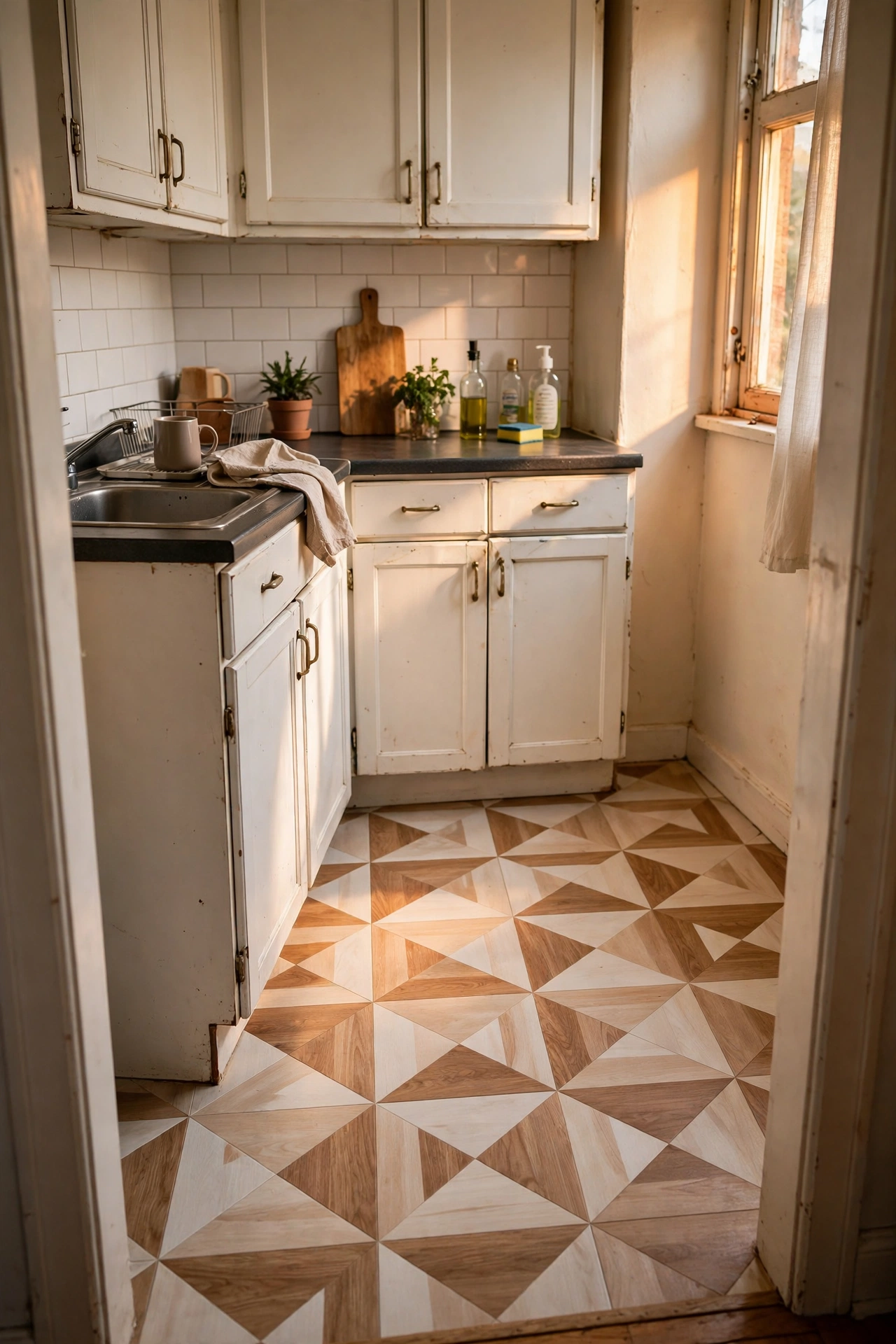 Peel-and-stick vinyl floor tiles in a checkerboard rented kitchen