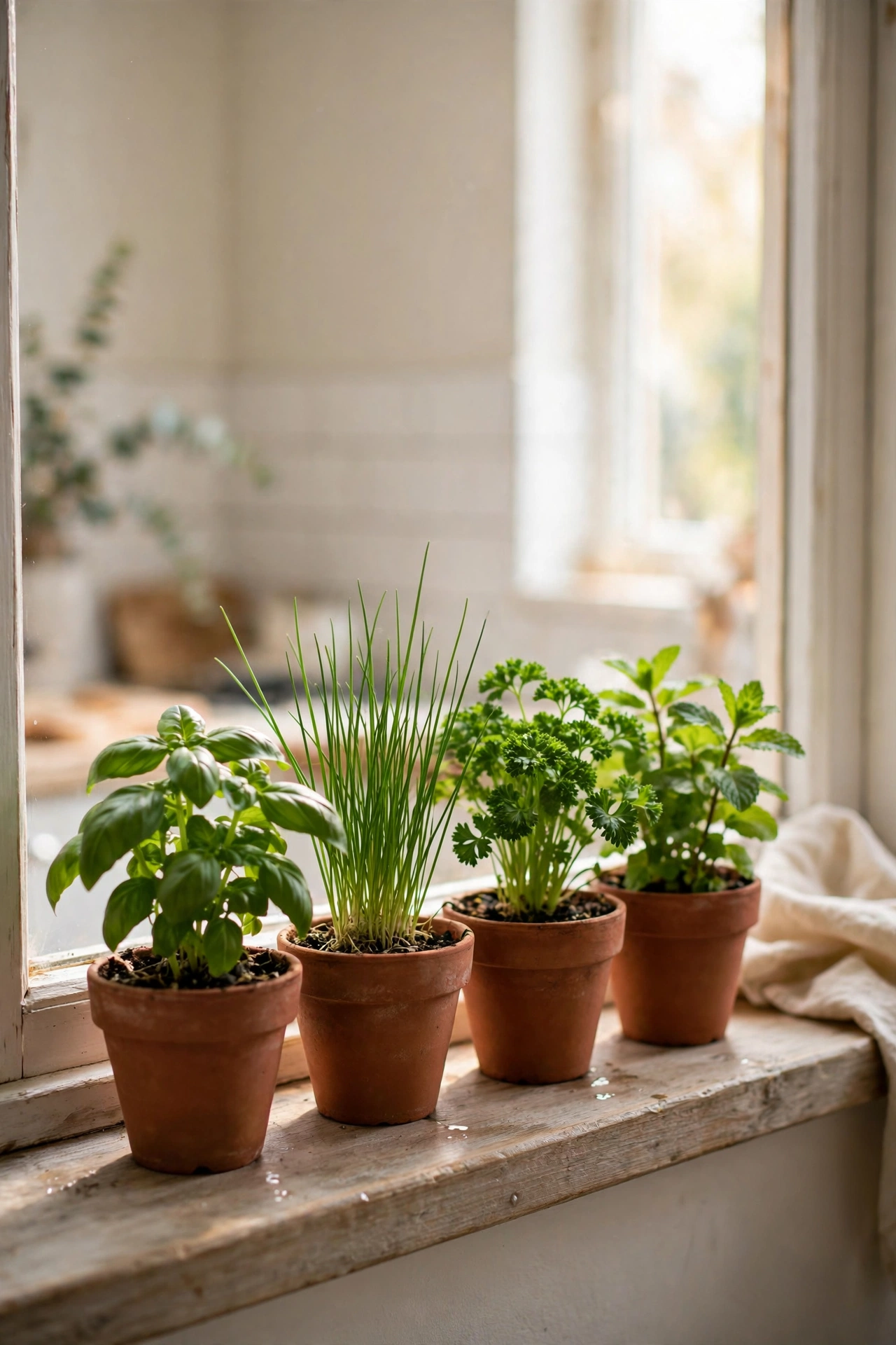 Potted kitchen herbs growing on a bright apartment windowsill