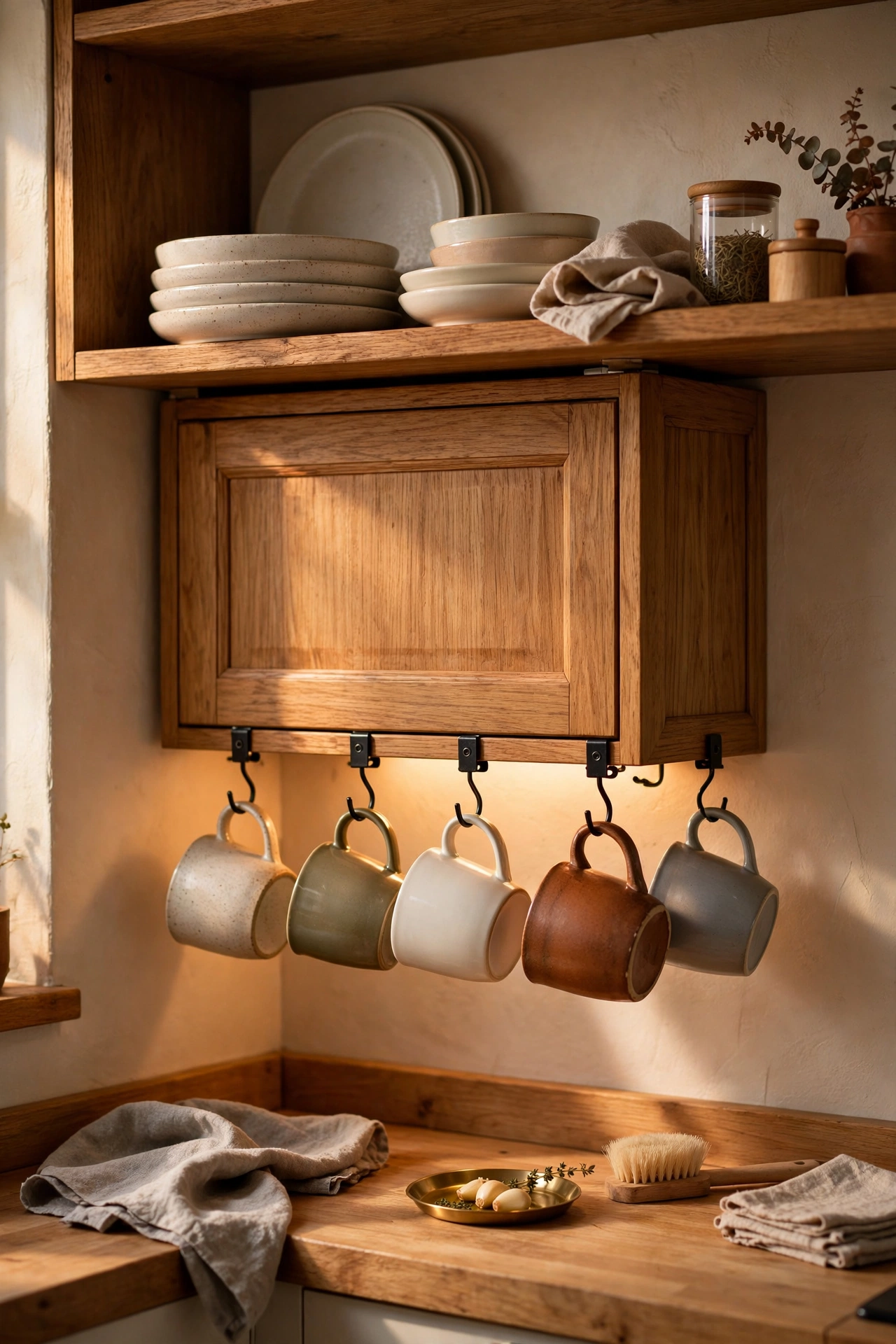 Mugs hanging on clip-on hooks under a kitchen wall cabinet