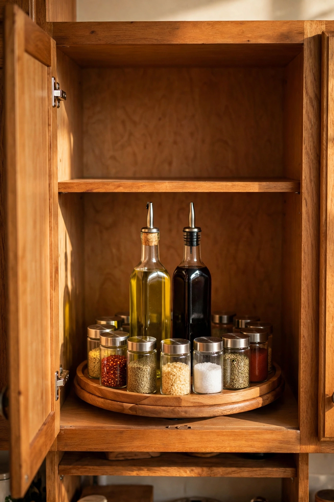 Lazy Susan turntable with oils and spices in a deep cabinet