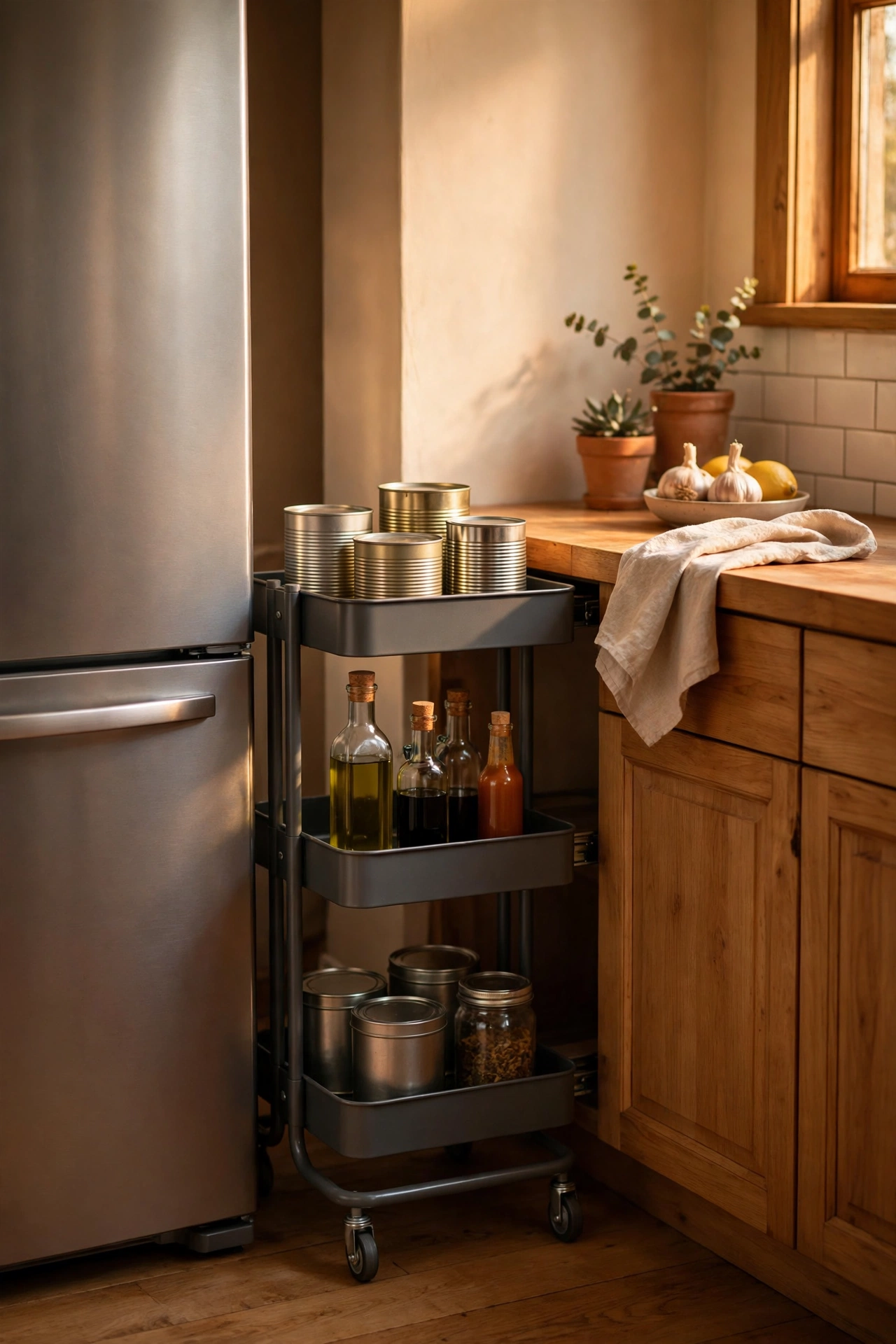Slim rolling gap cart between fridge and counter in a kitchen