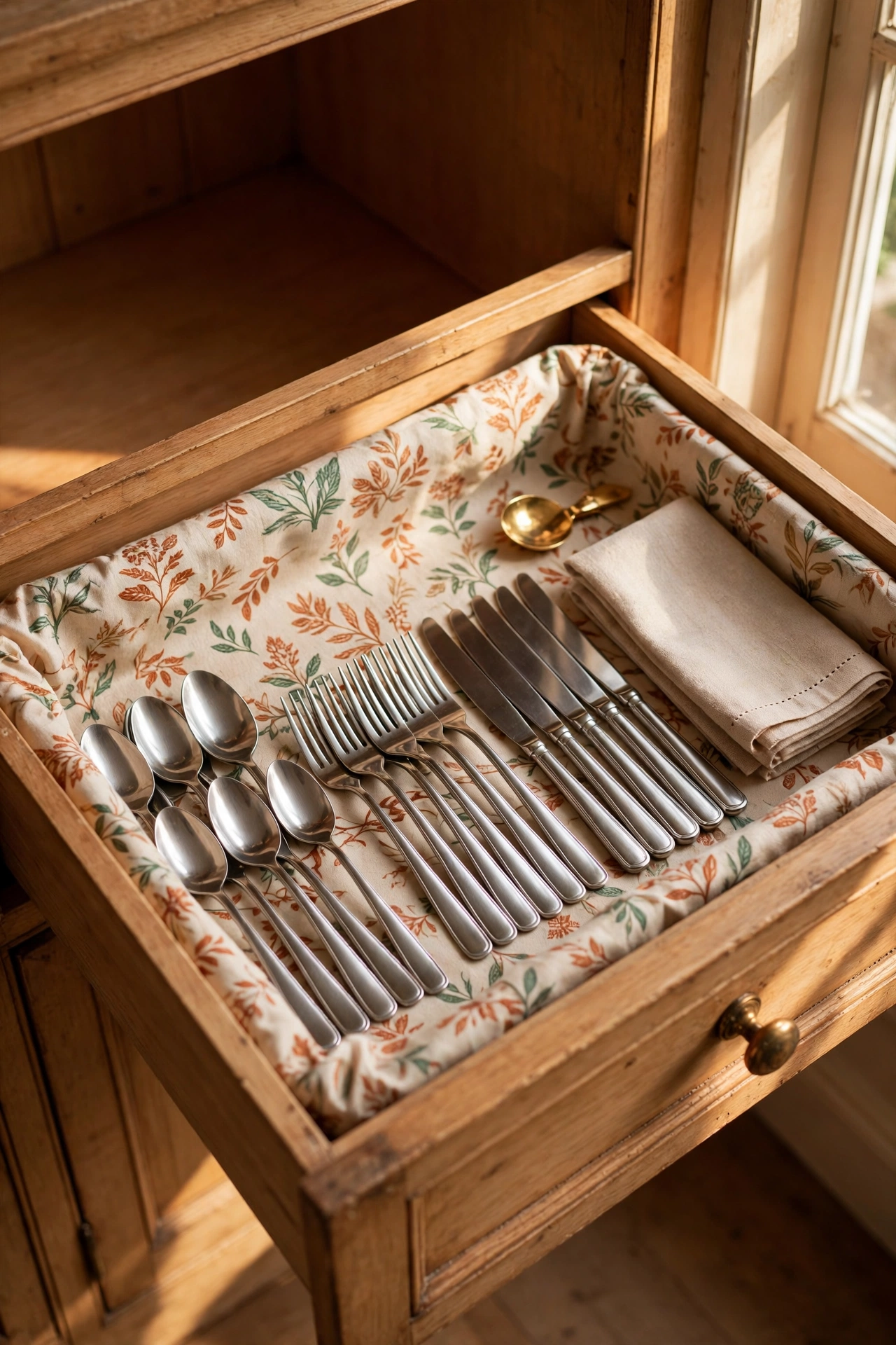 Kitchen drawers and shelves lined with pretty washable fabric