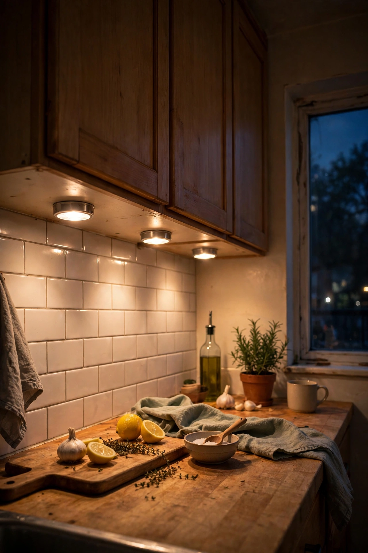 Battery puck lights glowing under kitchen wall cabinets