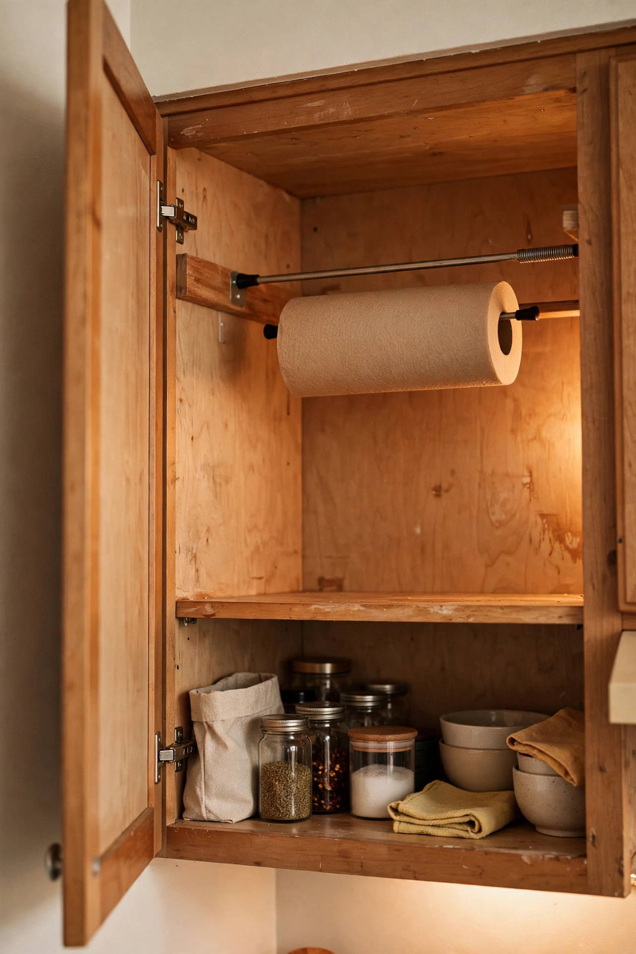 Kitchen roll on a tension rod inside a wall cabinet