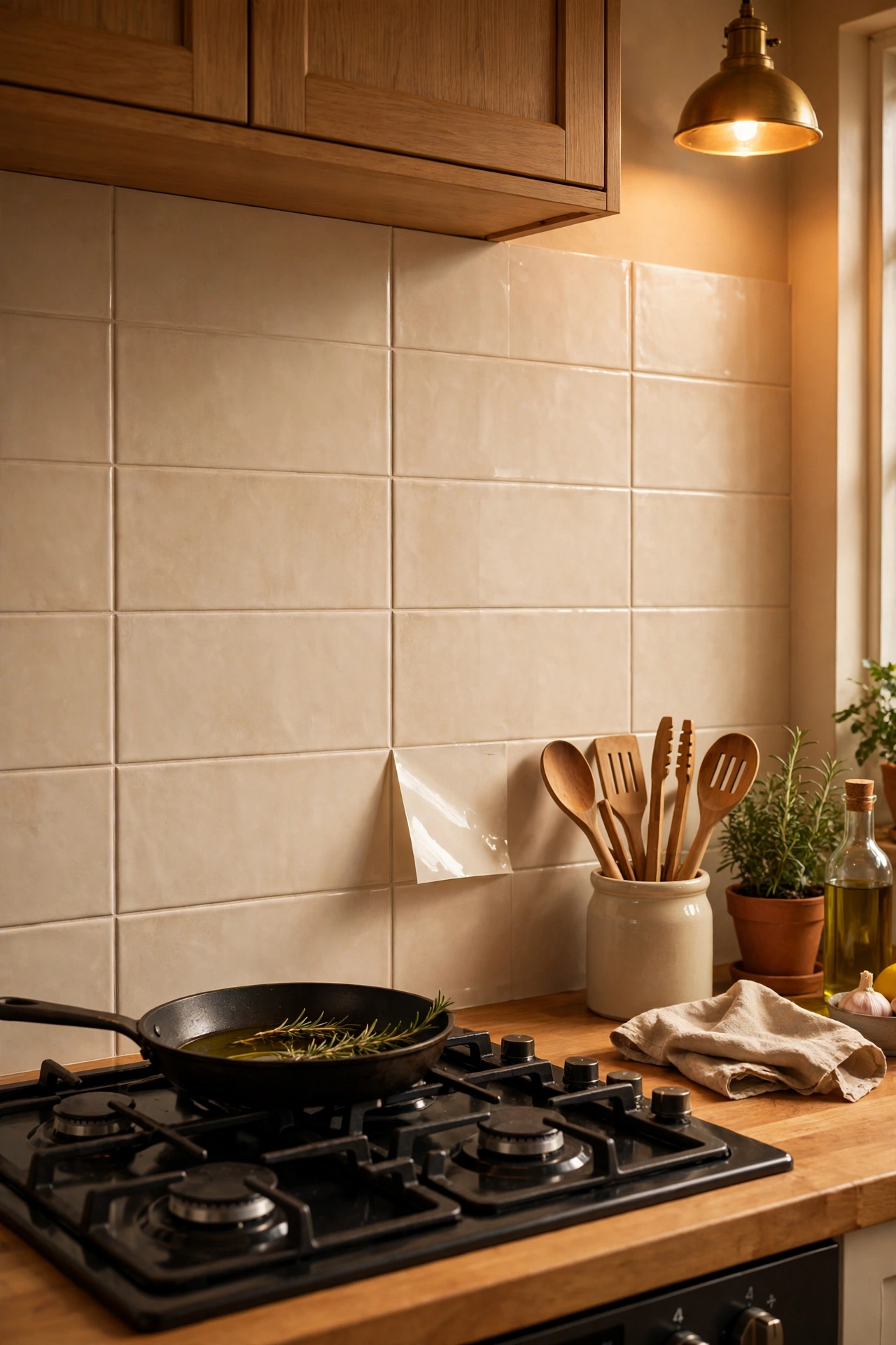 Large peel-and-stick backsplash panels behind a kitchen hob