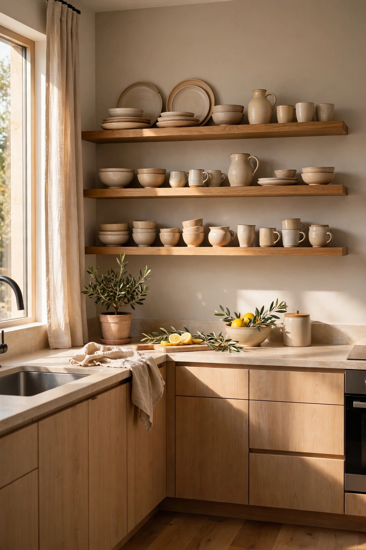 Kitchen feature wall painted in soft greige beige tone