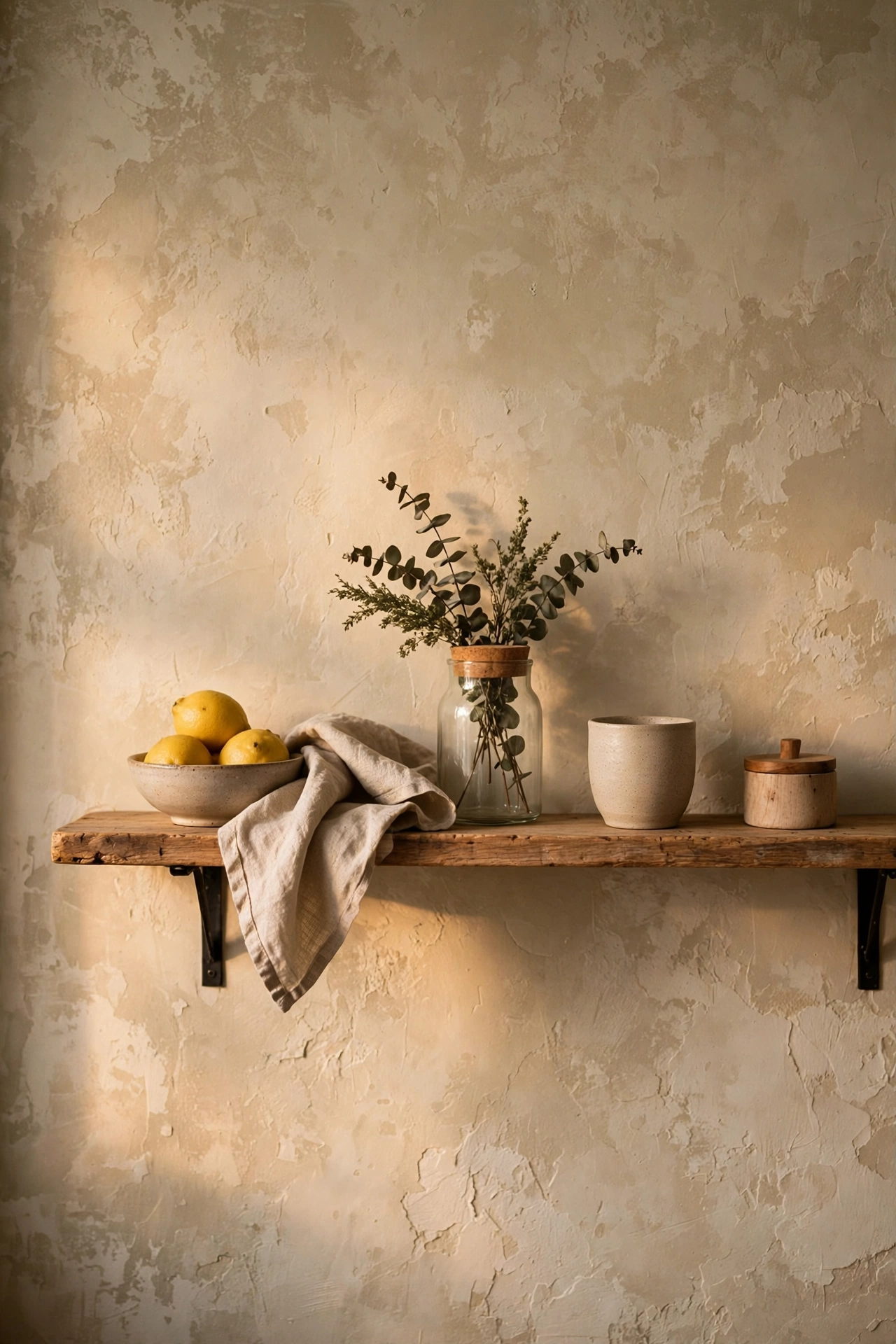 Beige limewash effect wall with cloudy texture in a kitchen
