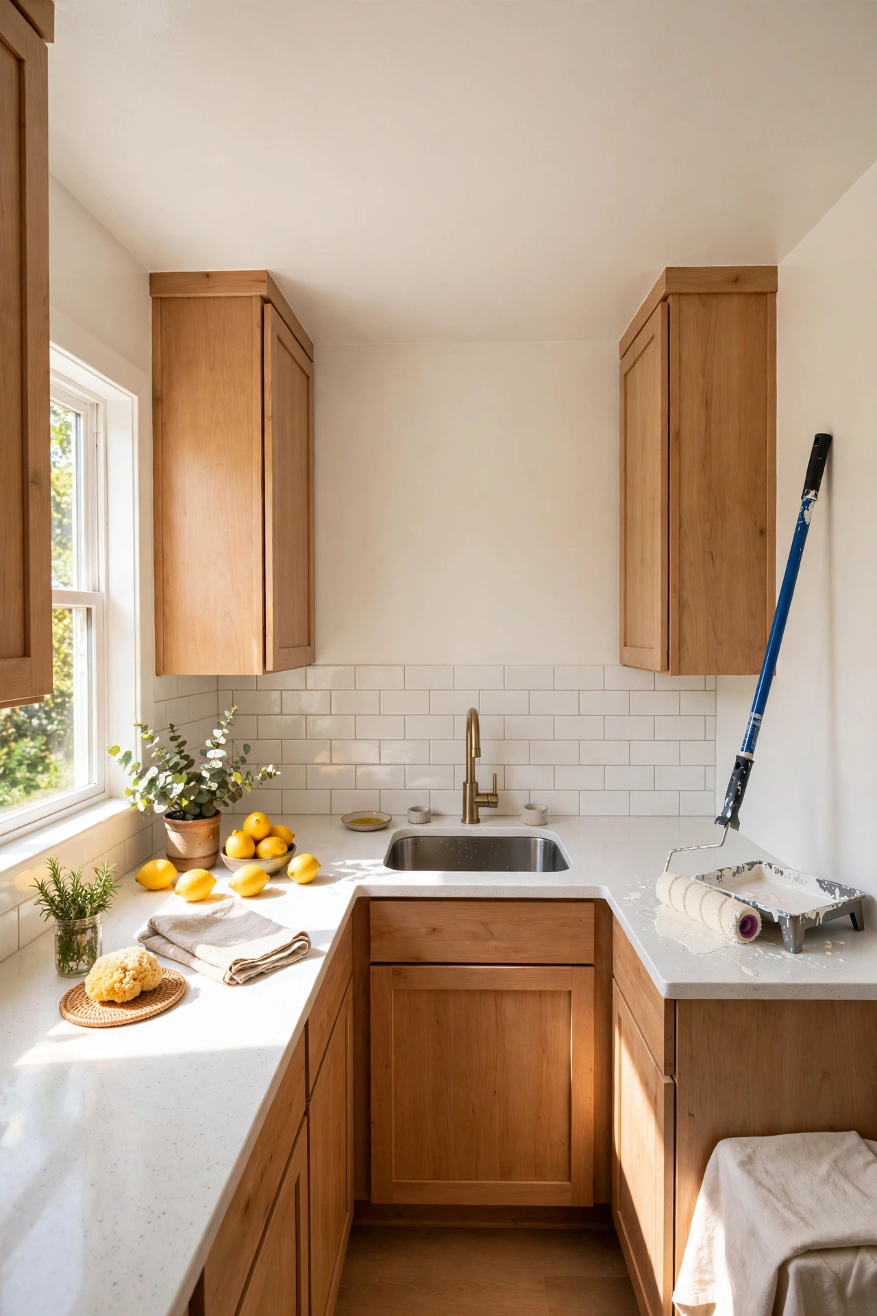 Freshly painted warm white kitchen ceiling with bright light