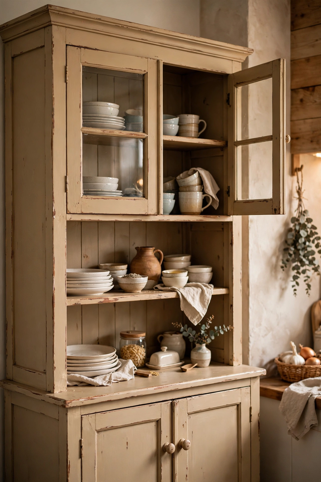 Second-hand hutch painted in warm beige chalk paint in a kitchen