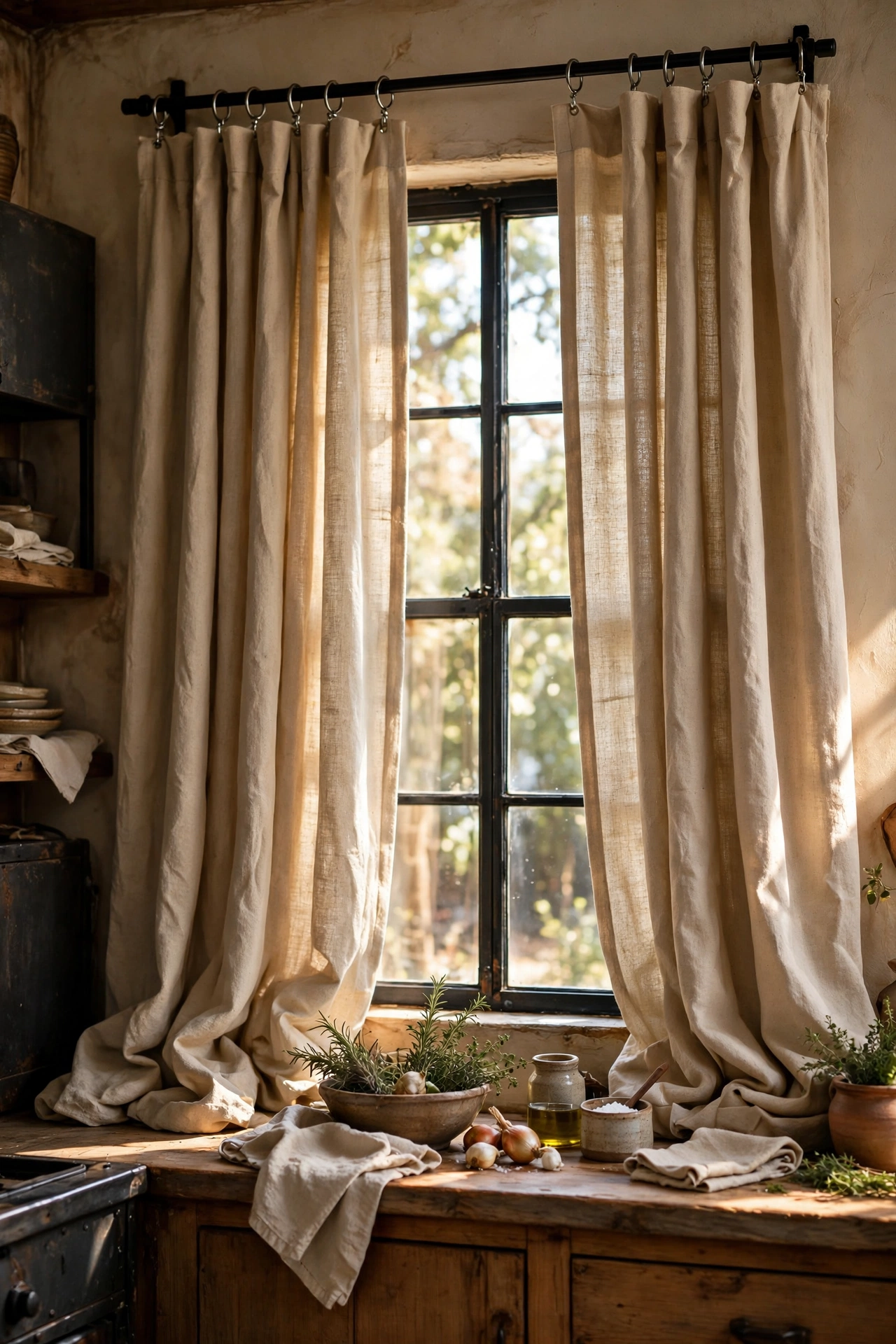 Natural beige drop cloth curtains hanging in a kitchen