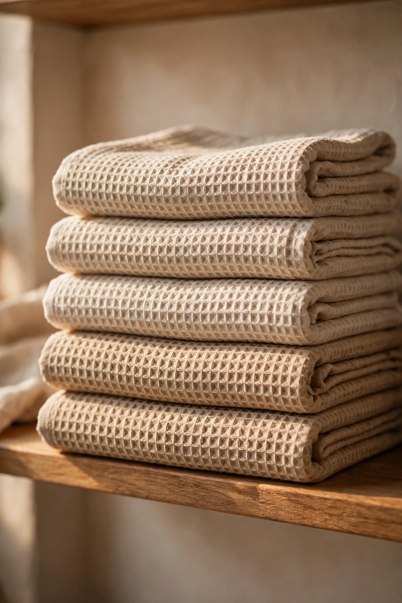 Stack of beige waffle-weave tea towels on a kitchen shelf