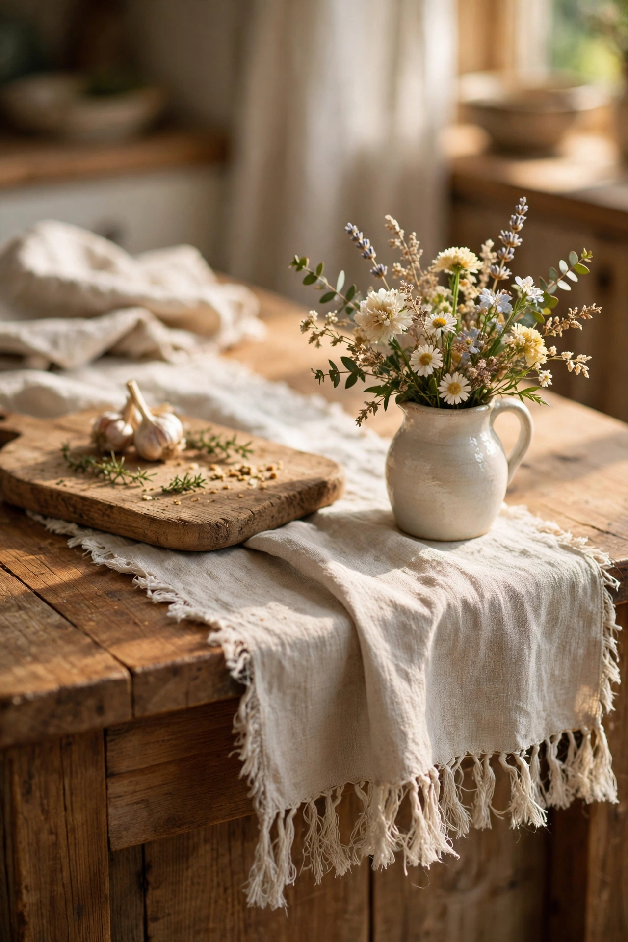Raw linen table runner on a wooden kitchen table