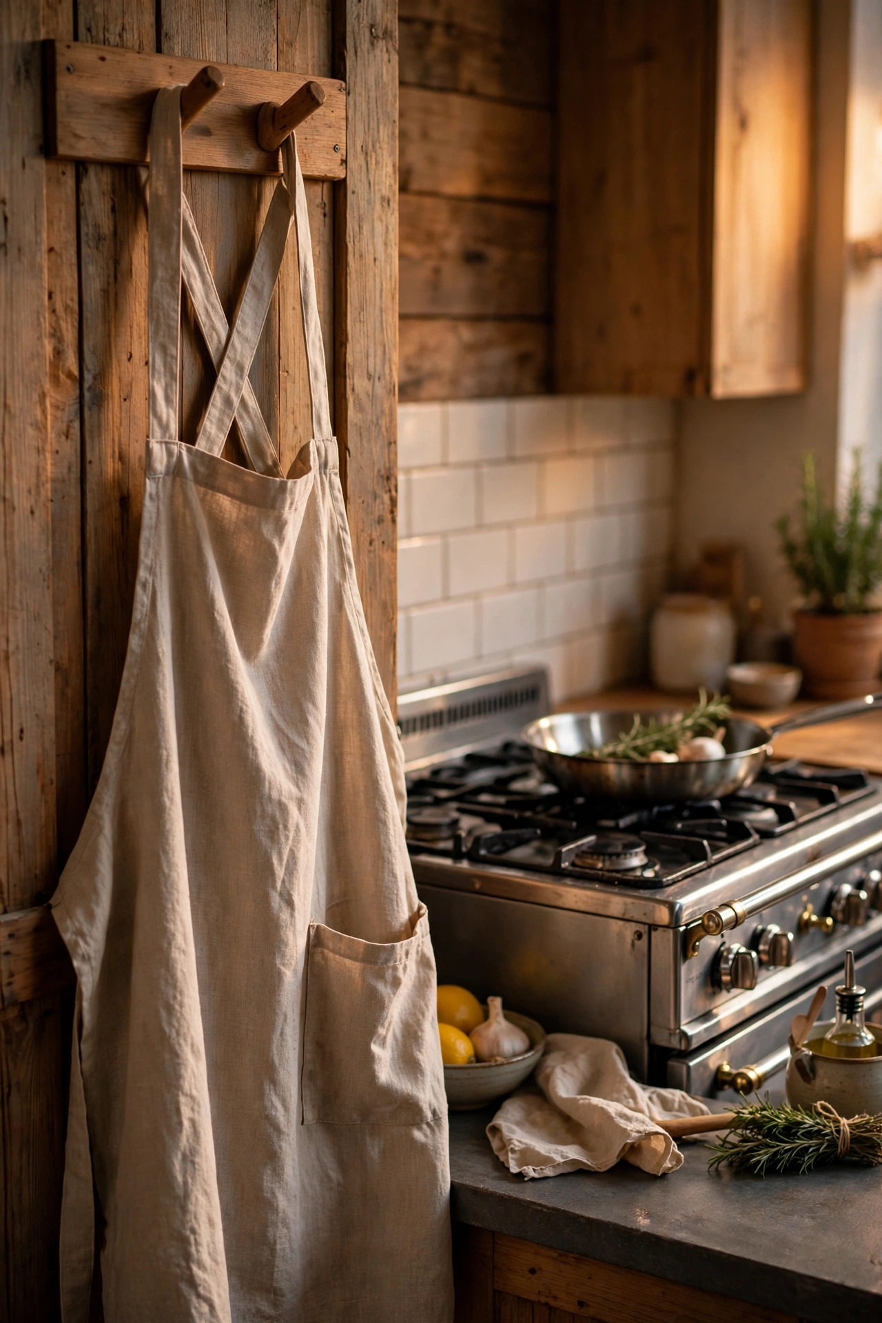 Beige linen apron hanging on a wooden peg by the cooker
