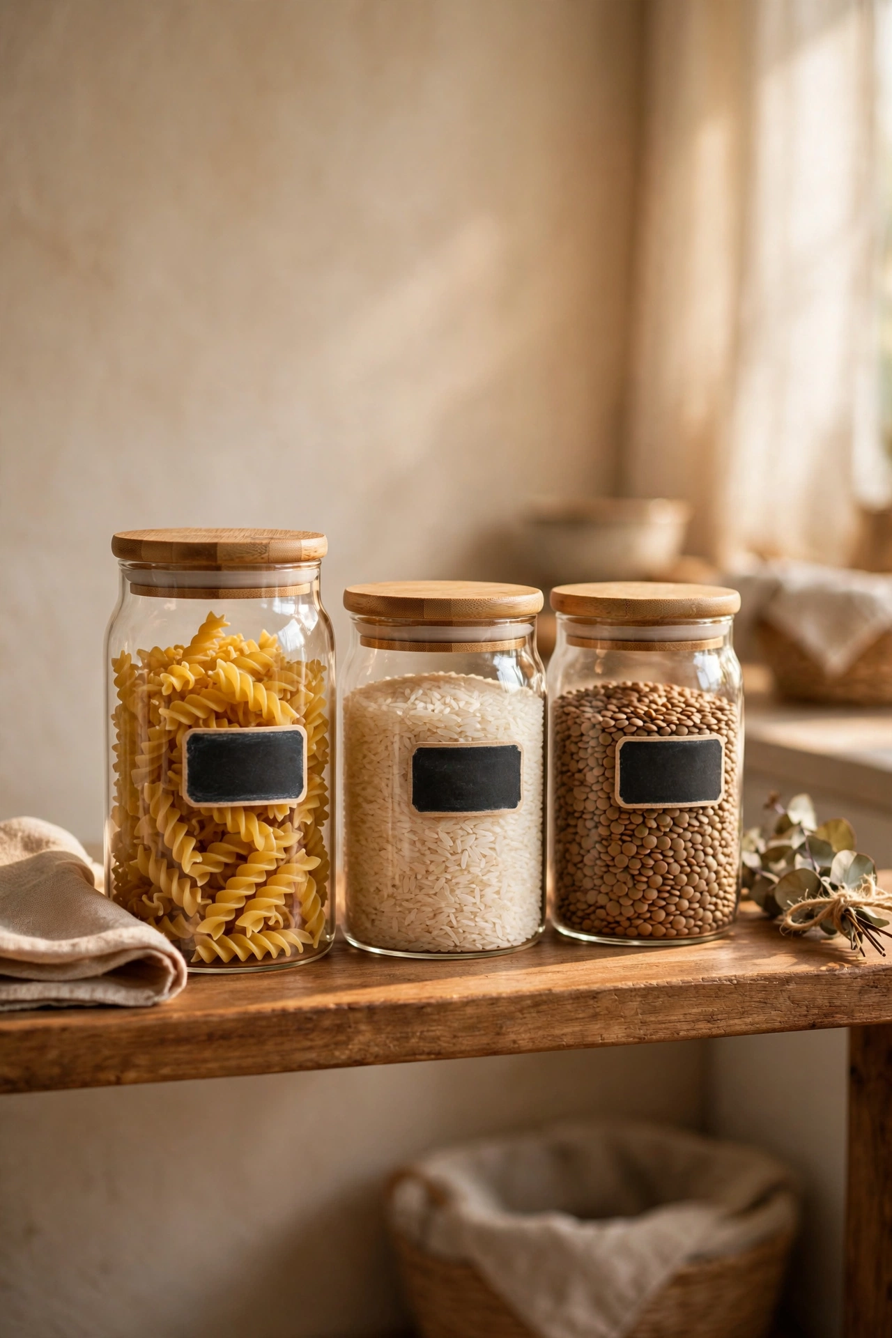 Glass jars with bamboo lids holding dry goods on a shelf