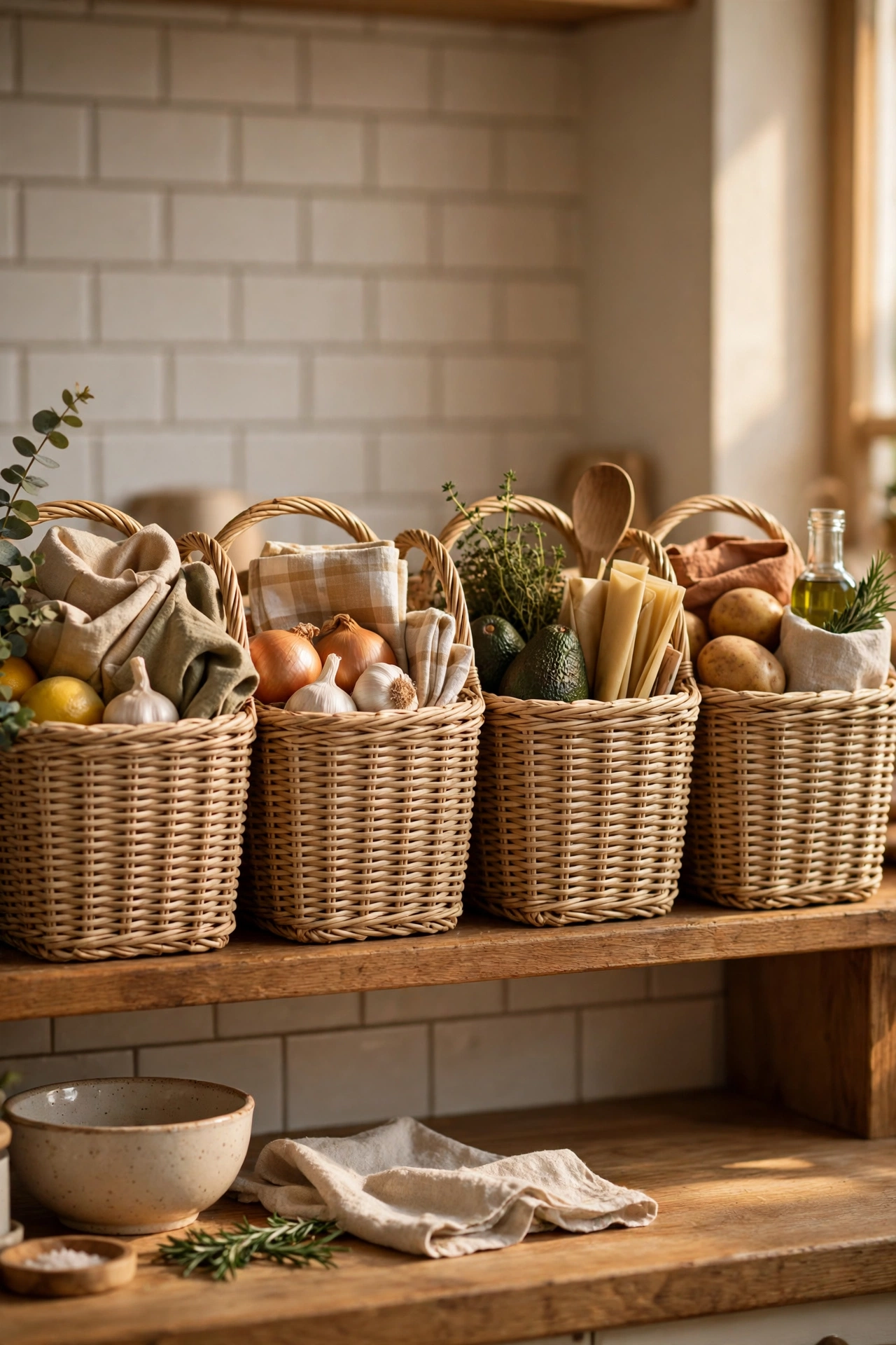 Wicker-look beige storage baskets on a kitchen shelf