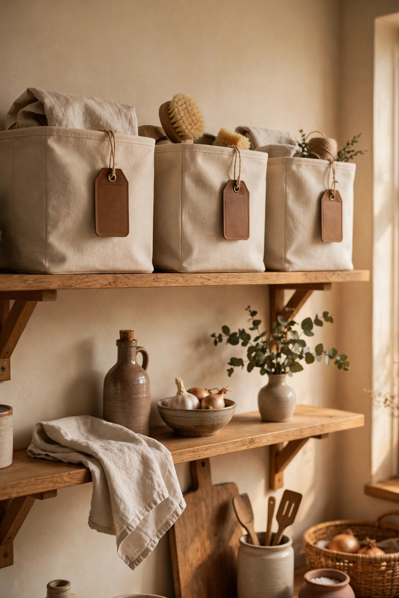 Beige fabric bins on open kitchen shelves with luggage tags