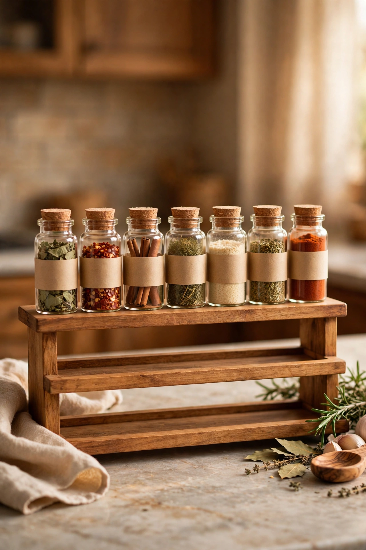 Matching spice jars with beige kraft labels on a tiered rack