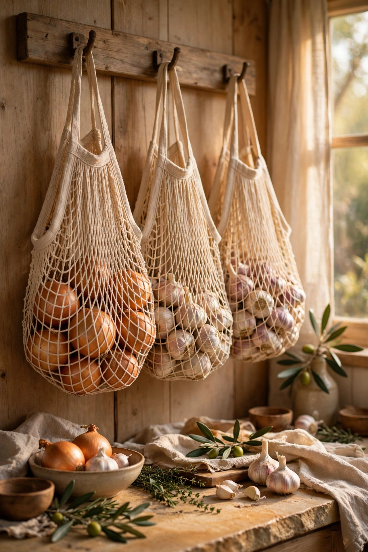 Natural cotton mesh produce bags hanging on a kitchen hook rail