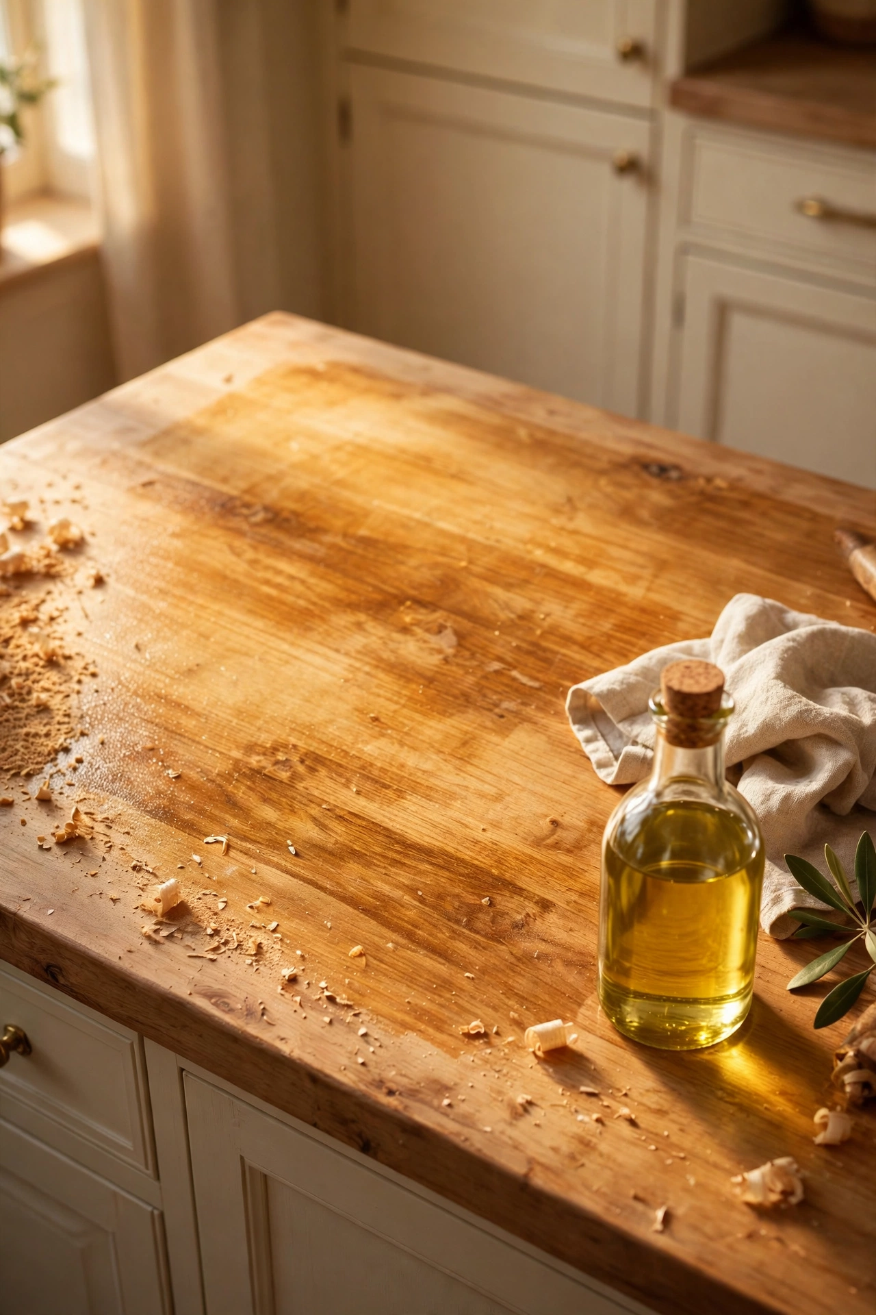 Wooden worktop sanded and oiled to a warm beige gold glow