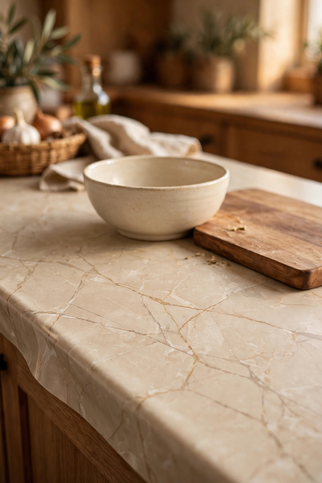 Laminate worktop covered in beige marble-vein contact paper