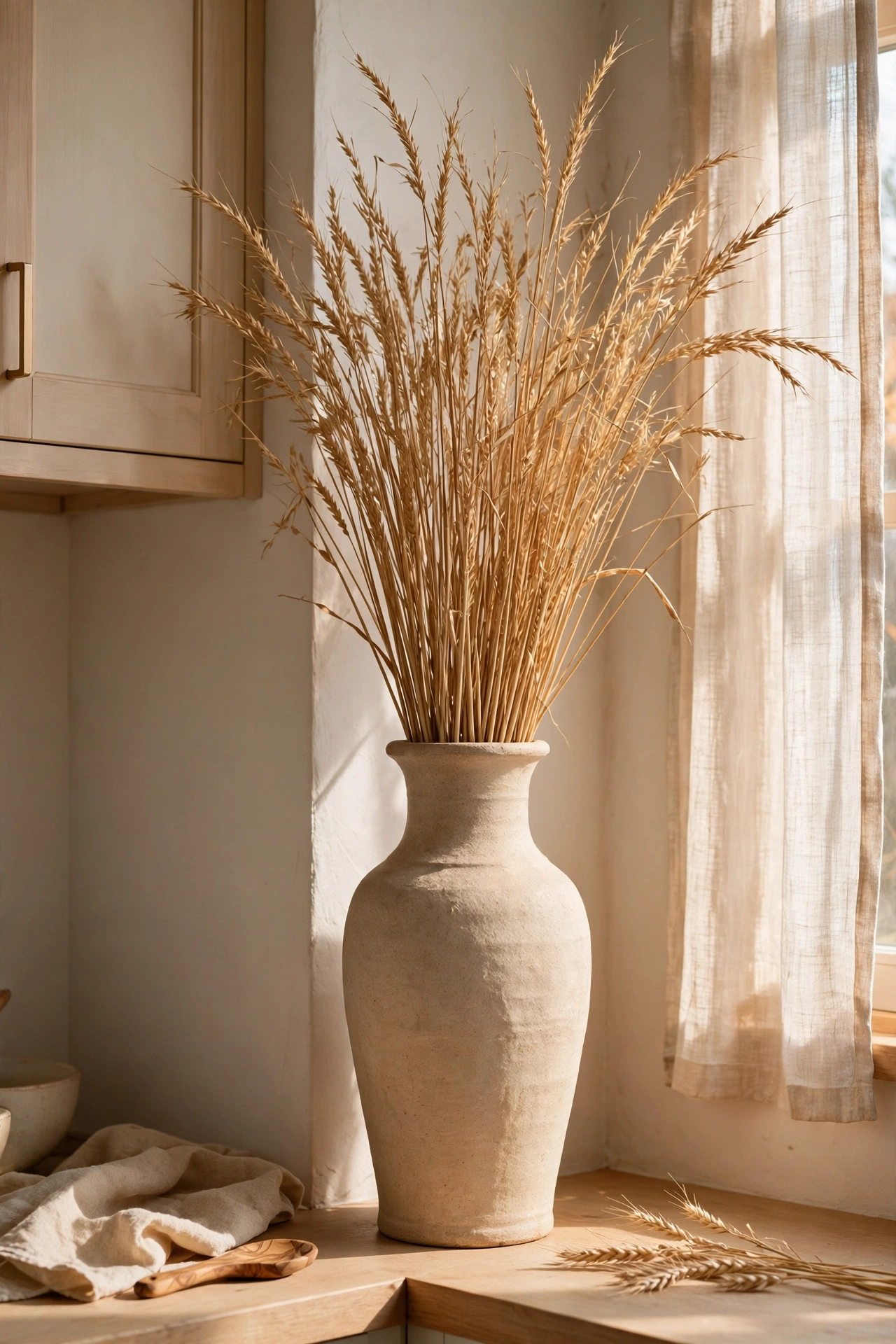 Dried wheat stalks in a tall beige vase in a kitchen corner