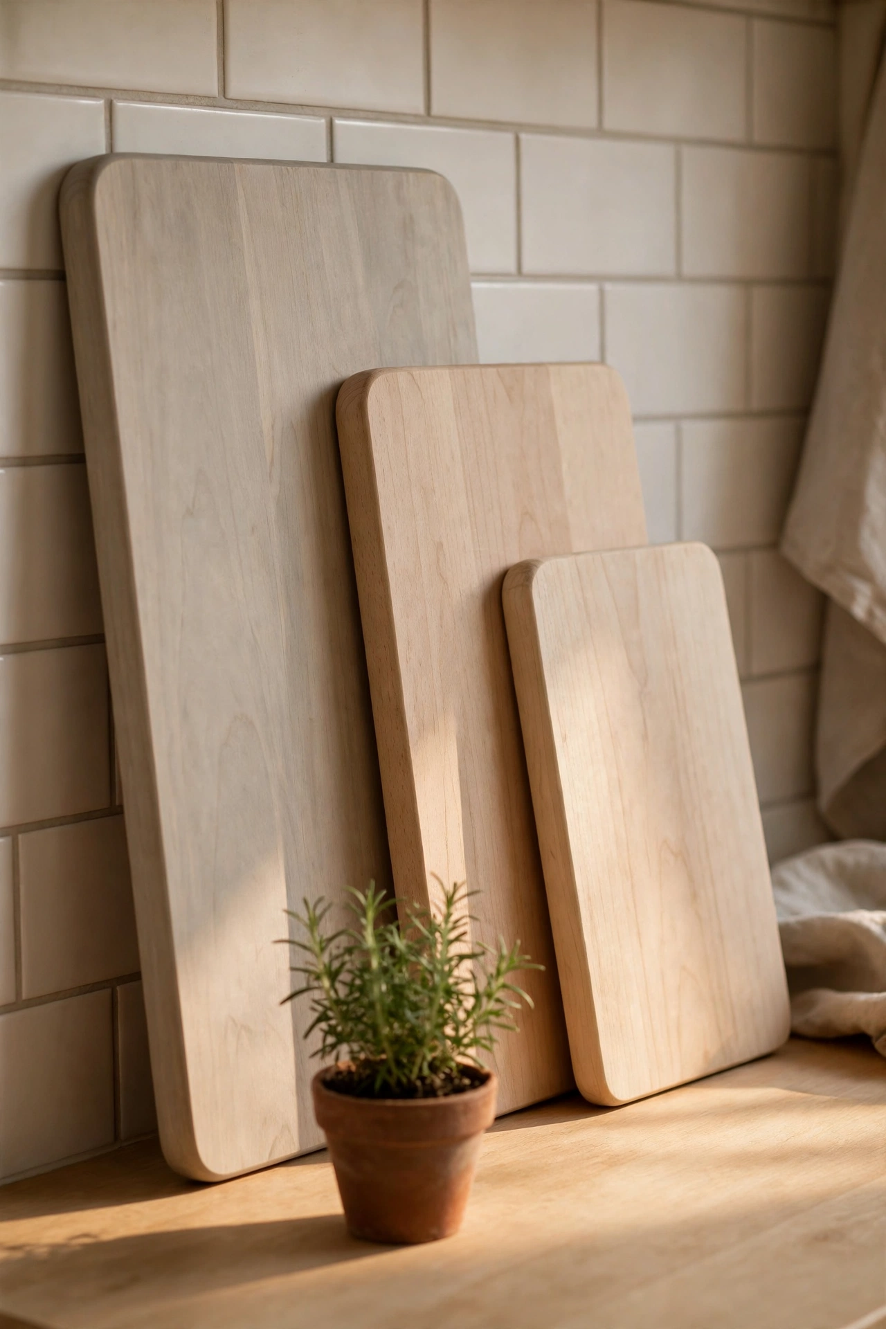 Pale wooden chopping boards leaned against a kitchen backsplash