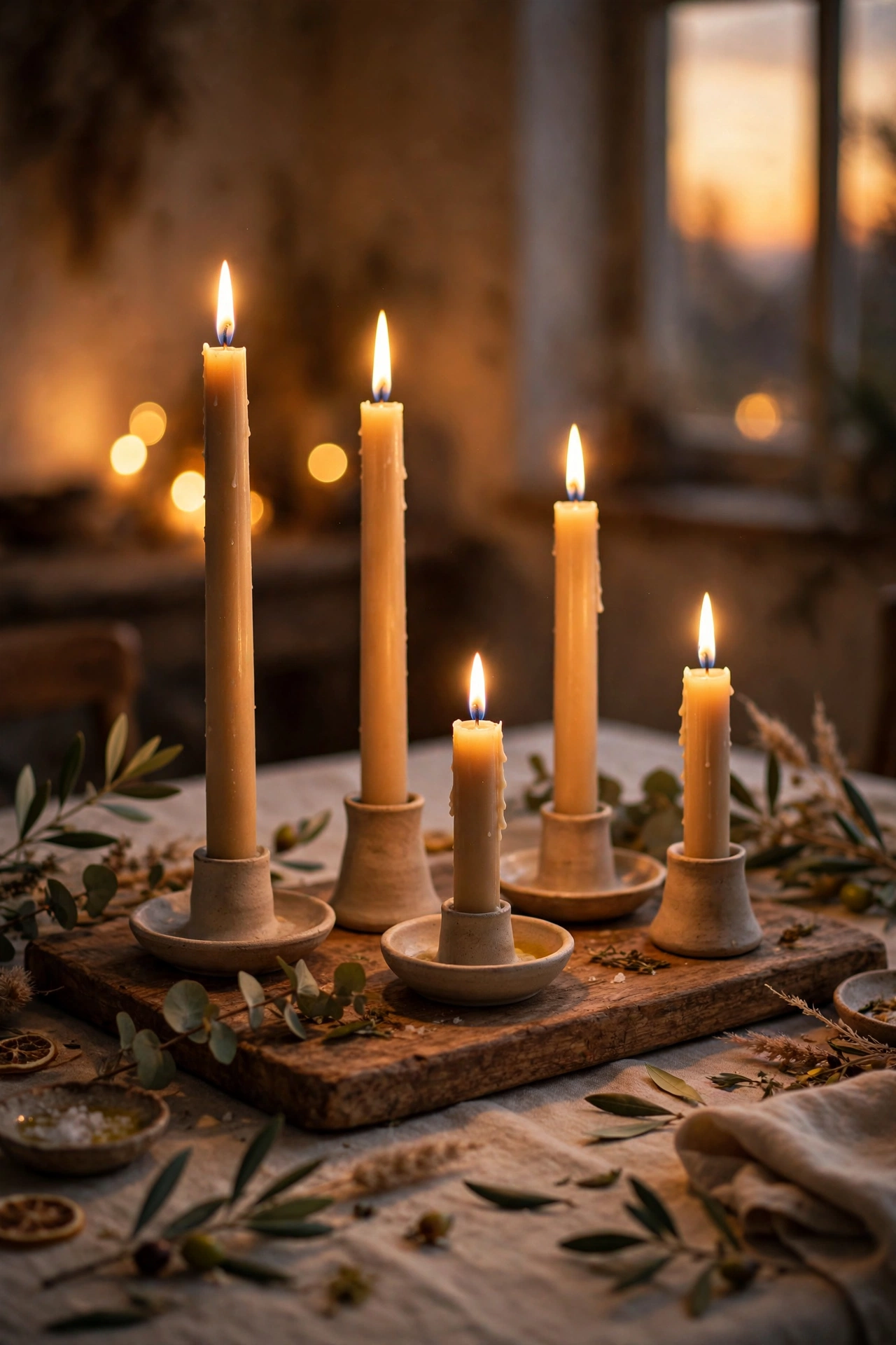 Sand-coloured taper candles in holders on a wooden tray