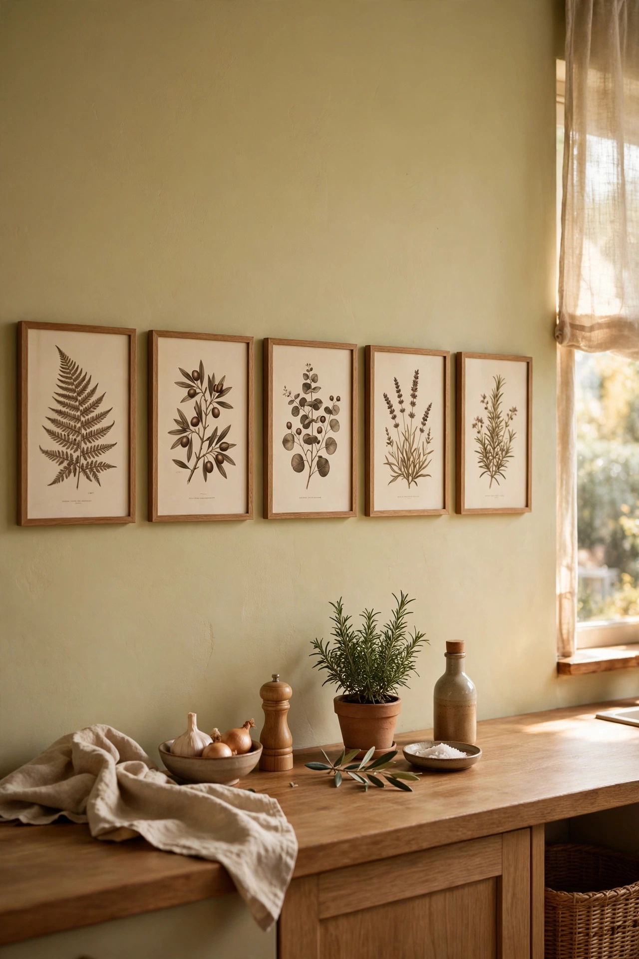 Row of beige botanical prints in matching frames on a kitchen wall