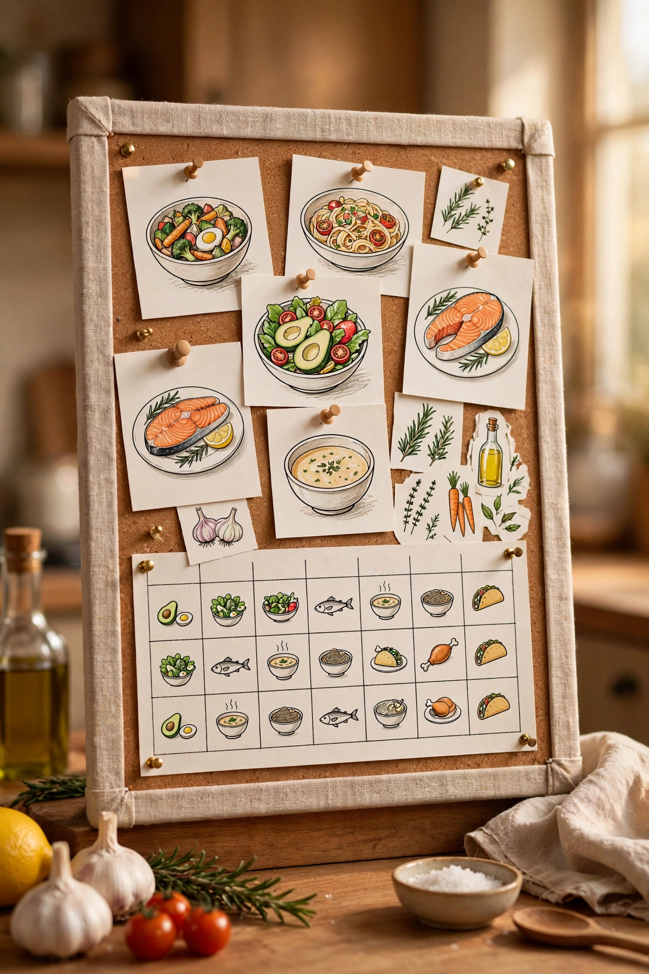 Cork noticeboard covered in beige linen with pinned recipes
