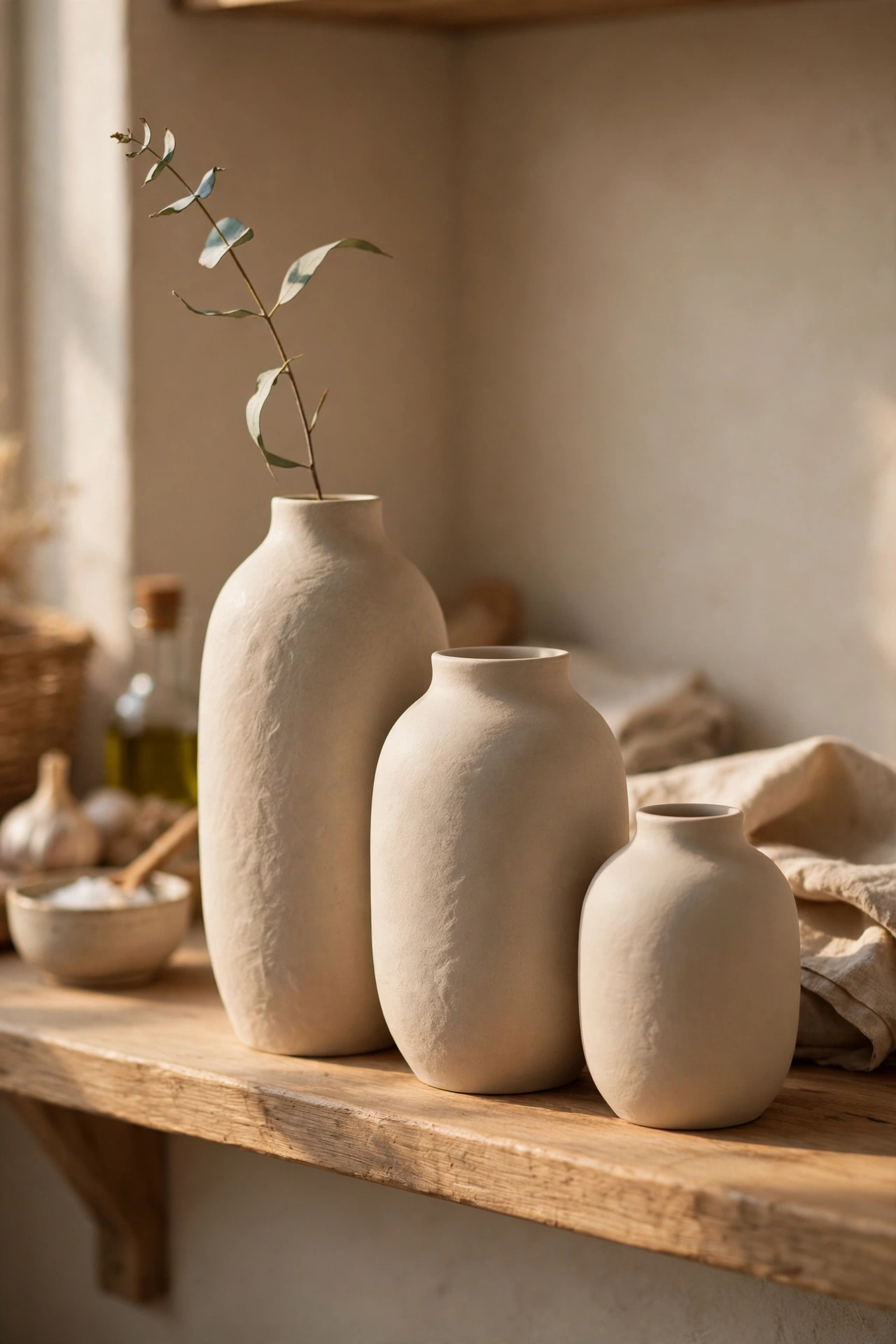 Trio of beige ceramic vases in graduated sizes on a shelf