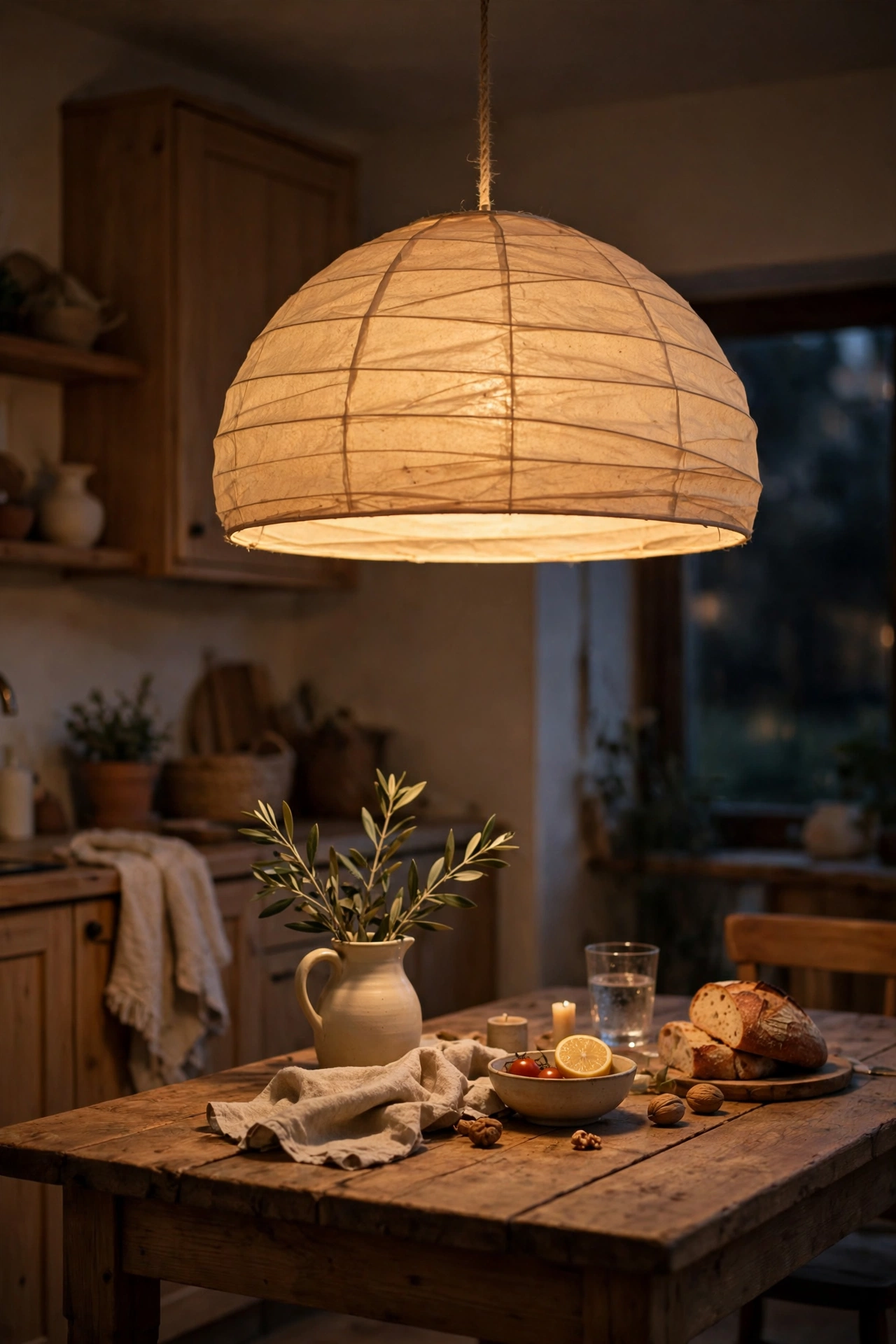 Large beige paper pendant shade glowing over a kitchen table