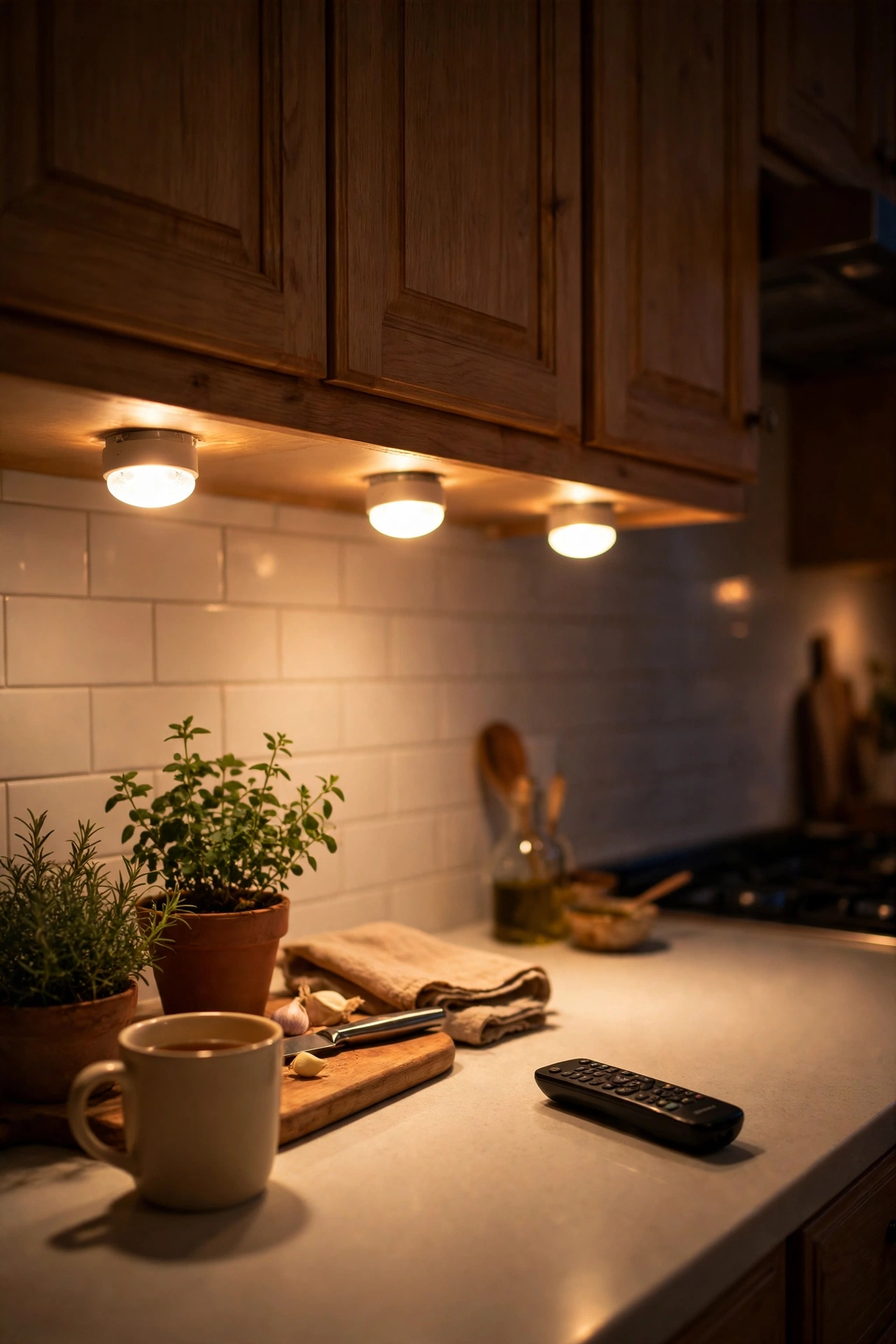 Battery puck lights with remote glowing under kitchen cabinets