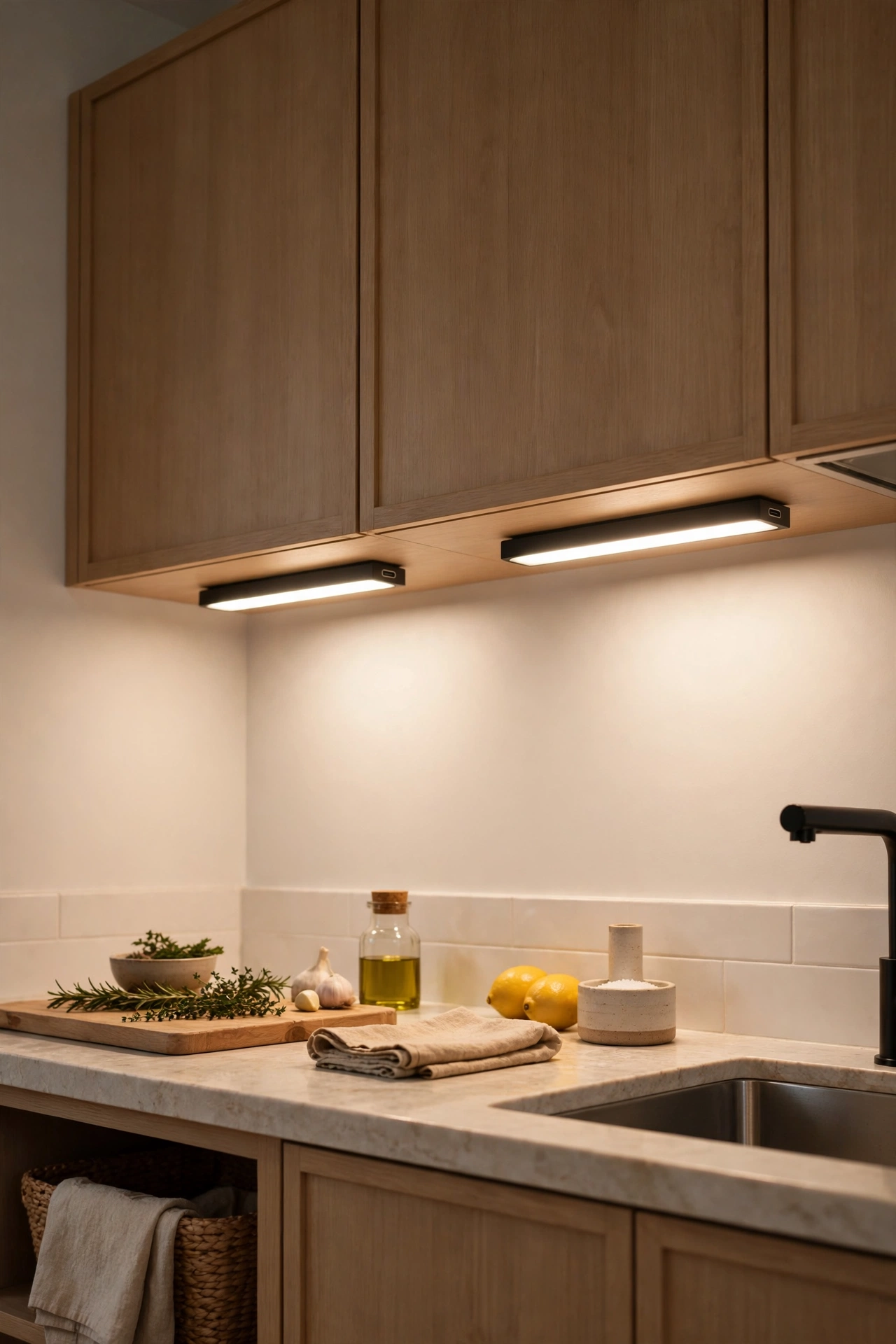Slim USB-rechargeable LED bars mounted under kitchen cabinets