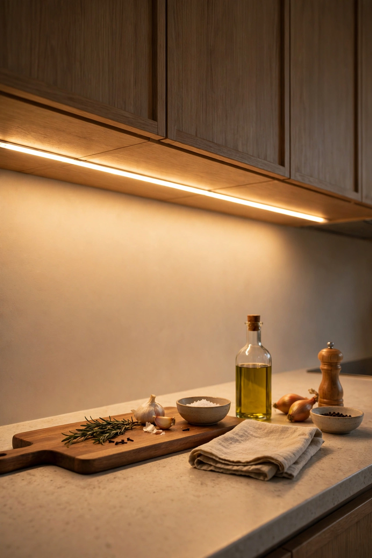 Peel-and-stick LED strip giving continuous light under cabinets