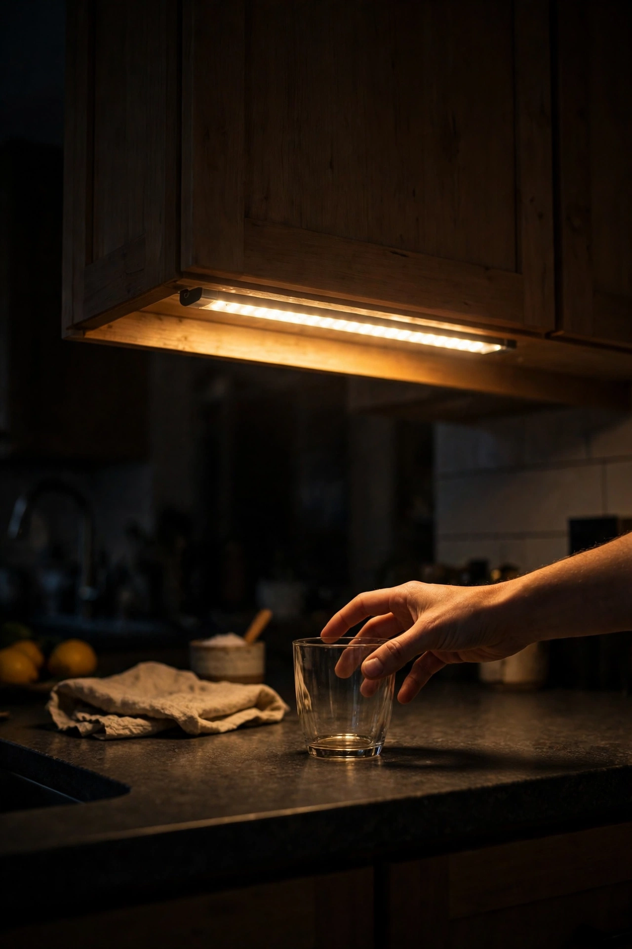 Motion-sensor light bar switching on under a kitchen cabinet