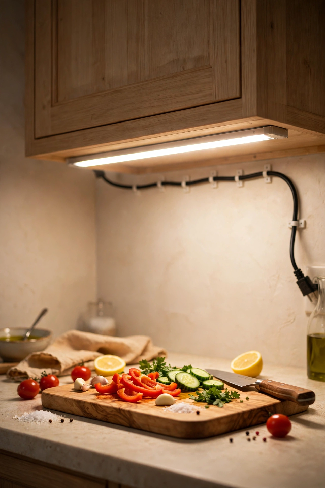 Plug-in LED light bar with discreet cable under kitchen cabinet