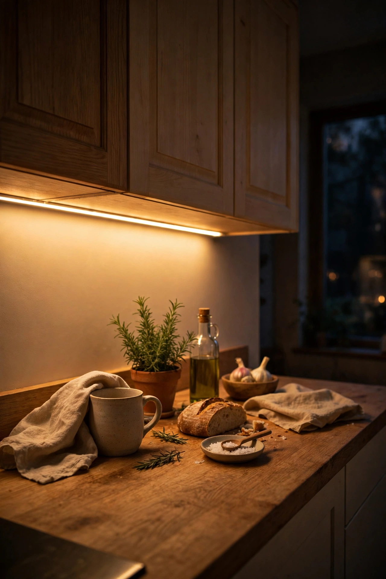 Warm white LED strip creating a cosy glow under cabinets