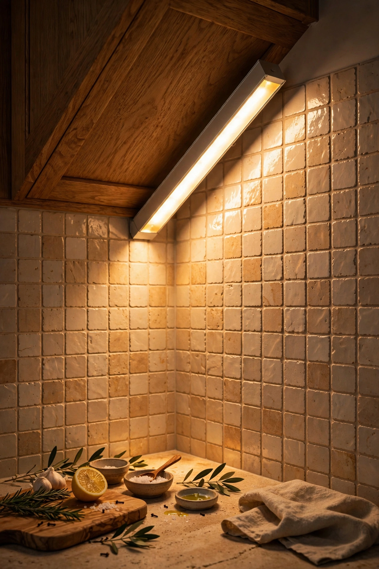 Angled LED profile lighting worktop and backsplash from a corner
