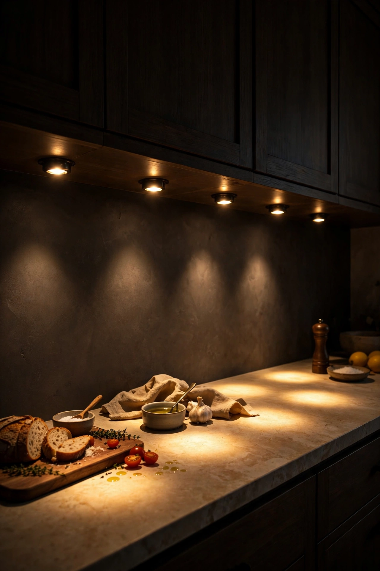 Surface-mounted downlight spots creating pools of light on a worktop